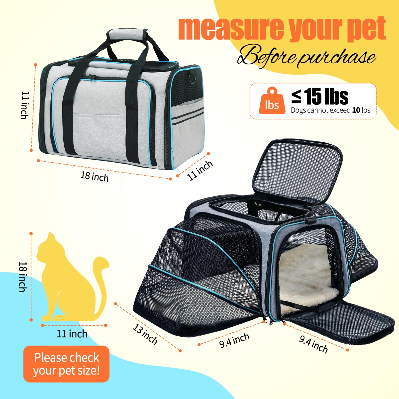 Pet Carrier Airline Approved, Expandable Foldable Soft-Sided Dog Carrier, 3 Open Doors, 2 Reflective Tapes, Pet Travel Bag Safe