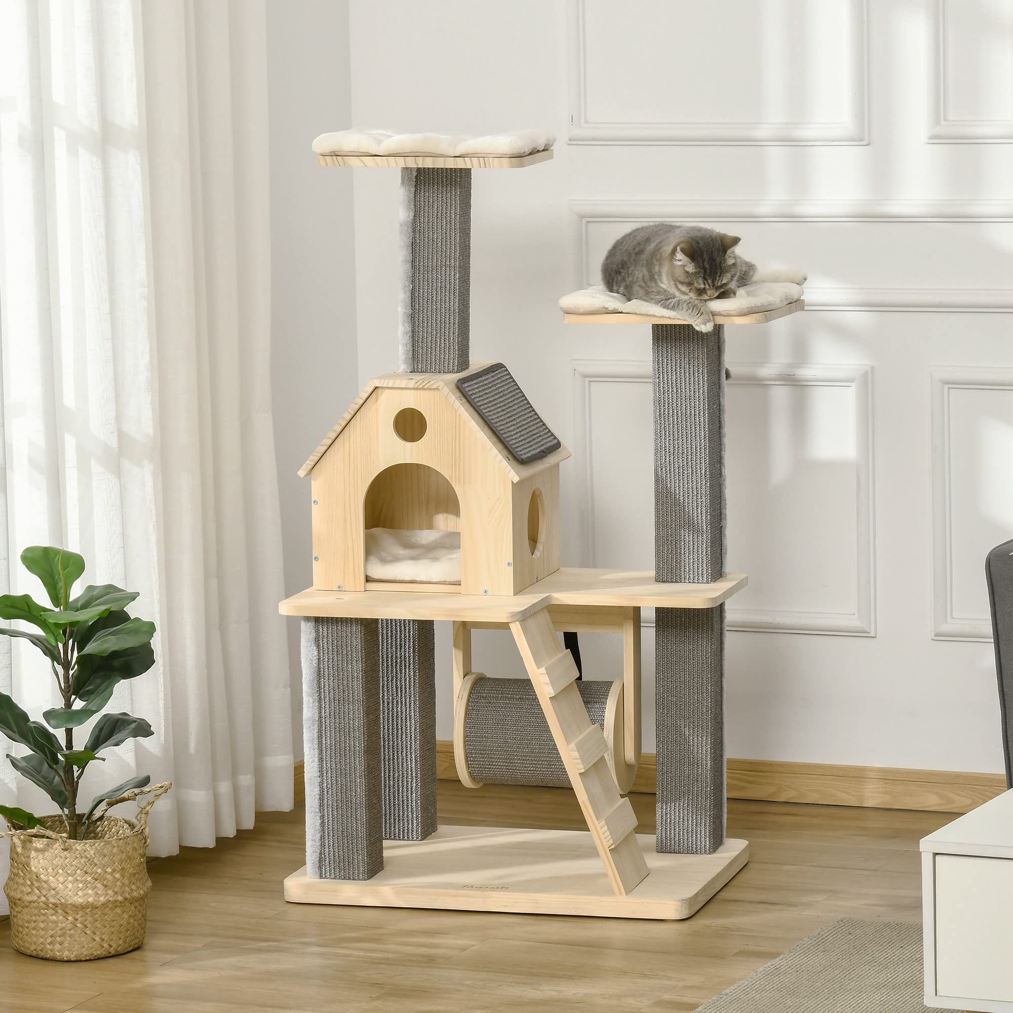 Pawhut Cozy-House Cat Tree For Indoor Cats With Pillow-Covered Perches, Spinning Toy, Modern Climbing Activity Cat Tower With Sc
