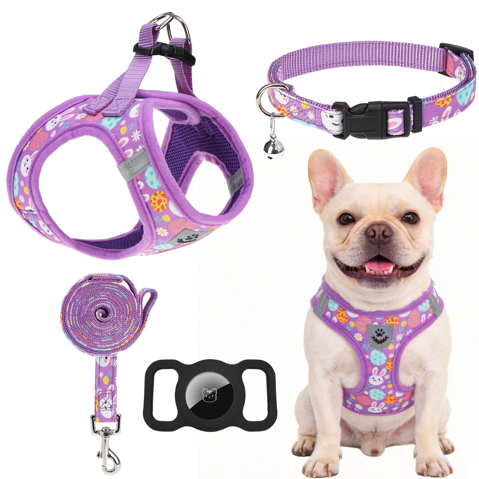 EXPAWLORER Easter Small Dog Harness - Dog Collar and Leash Set - Soft Mesh Padded Adjustable Step in Puppy Vest Harness No Pull,