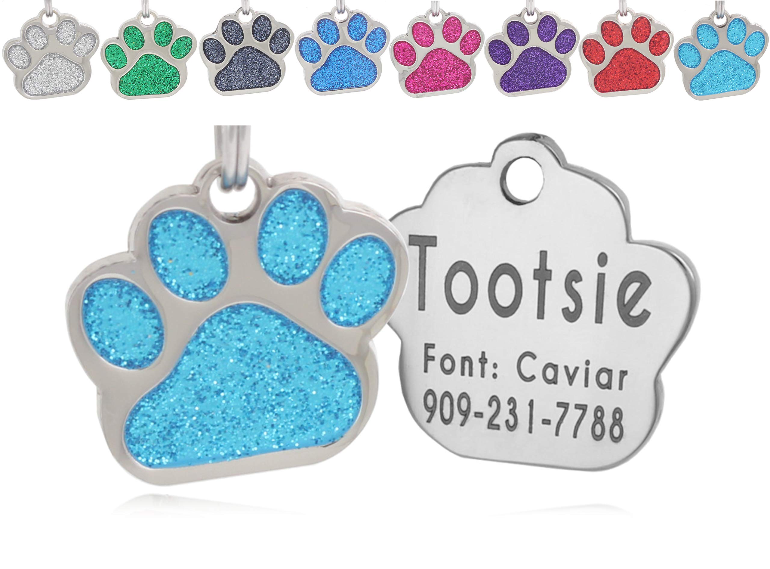 Io Tags Pet Id Tags, Personalized Dog Tags And Cat Tags, Custom Engraved, Easy To Read, Cute Glitter Paw Pet Tag (Turquoise)