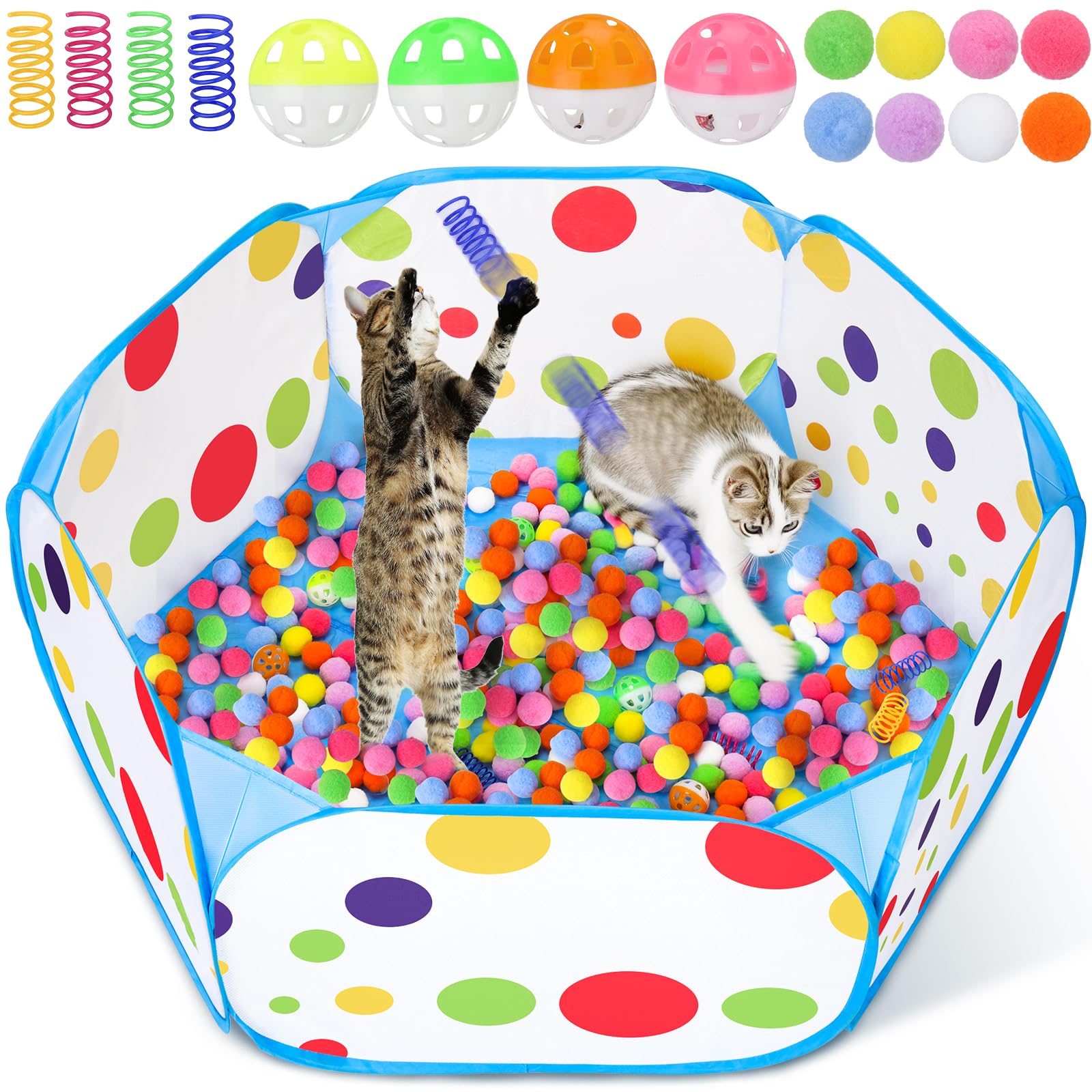 Palksky Ball Pit With 210 Toy Balls And 4 Spring Toys - Interactive Cat Toys For Bored Indoor Cats Self Play, Enrichment Toy For