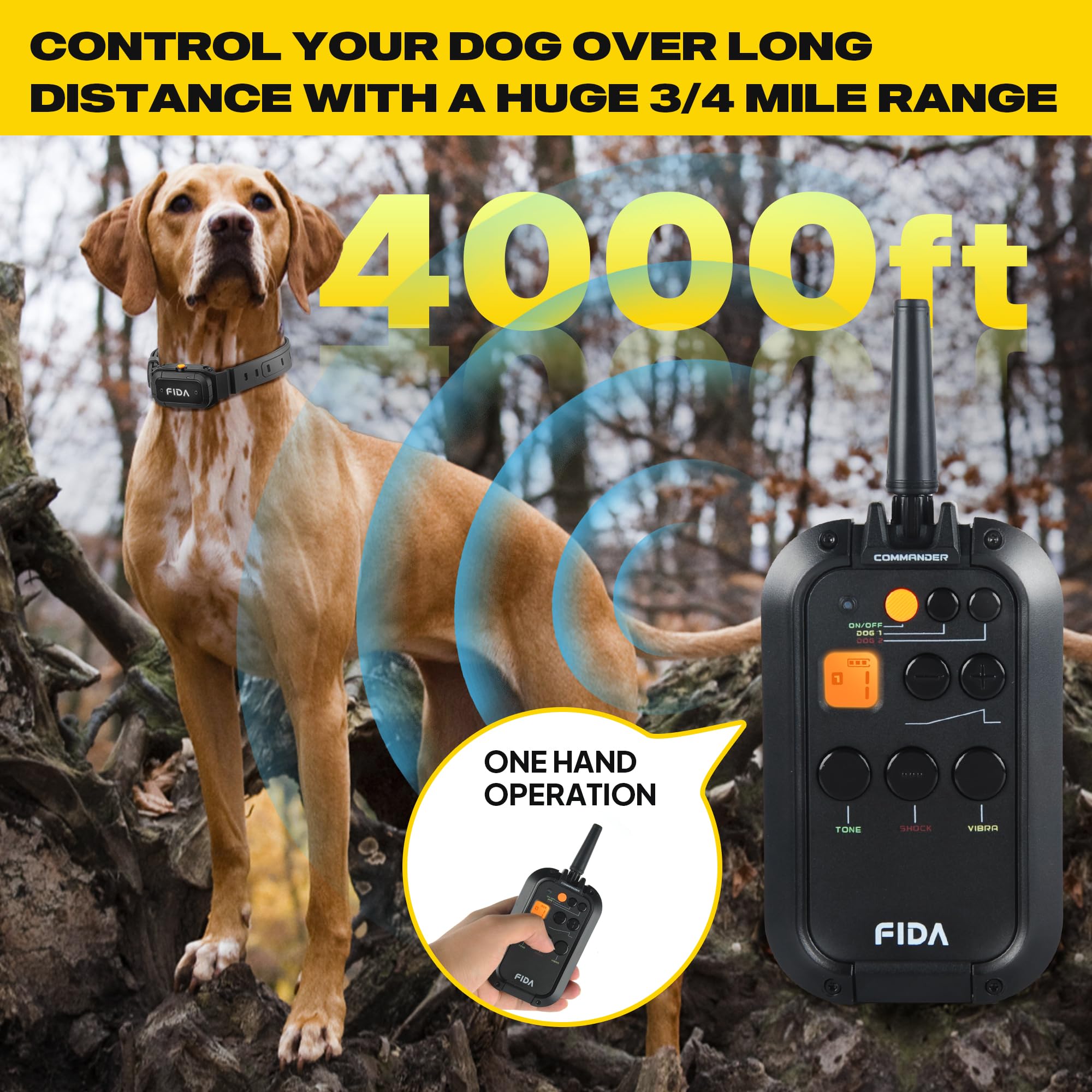 Fida Dog Shock Collar With Remote 3/4 Mile Range E Collar For Dogs Training, Ipx7 Waterproof Rechargeable Dog Training Collar Fo
