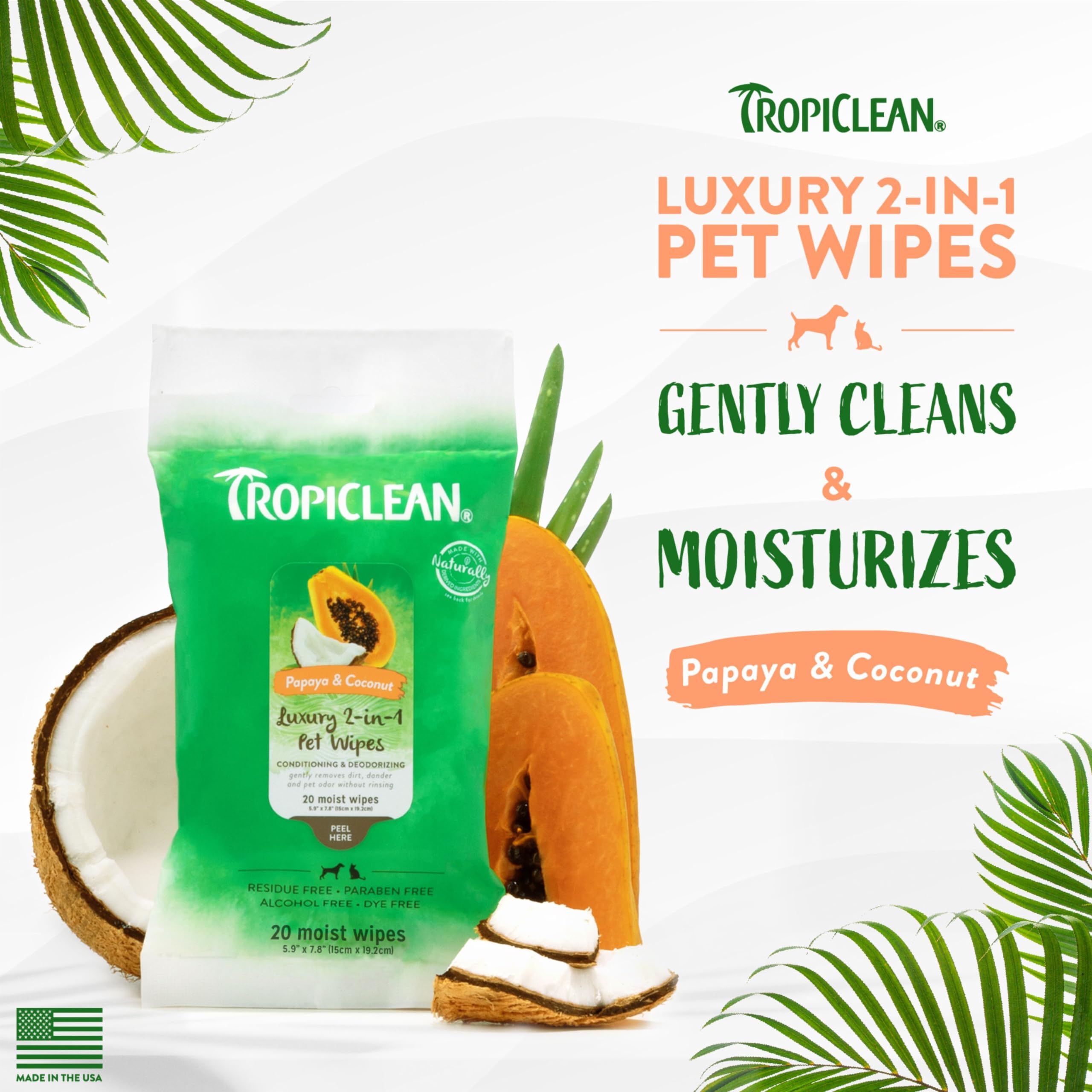Tropiclean Dog Wipes For Paws, Butt, Face, And Body, Anytime Cleaning And Deodorizing Pet Wipes, Safe For Licking, Papaya Scent,