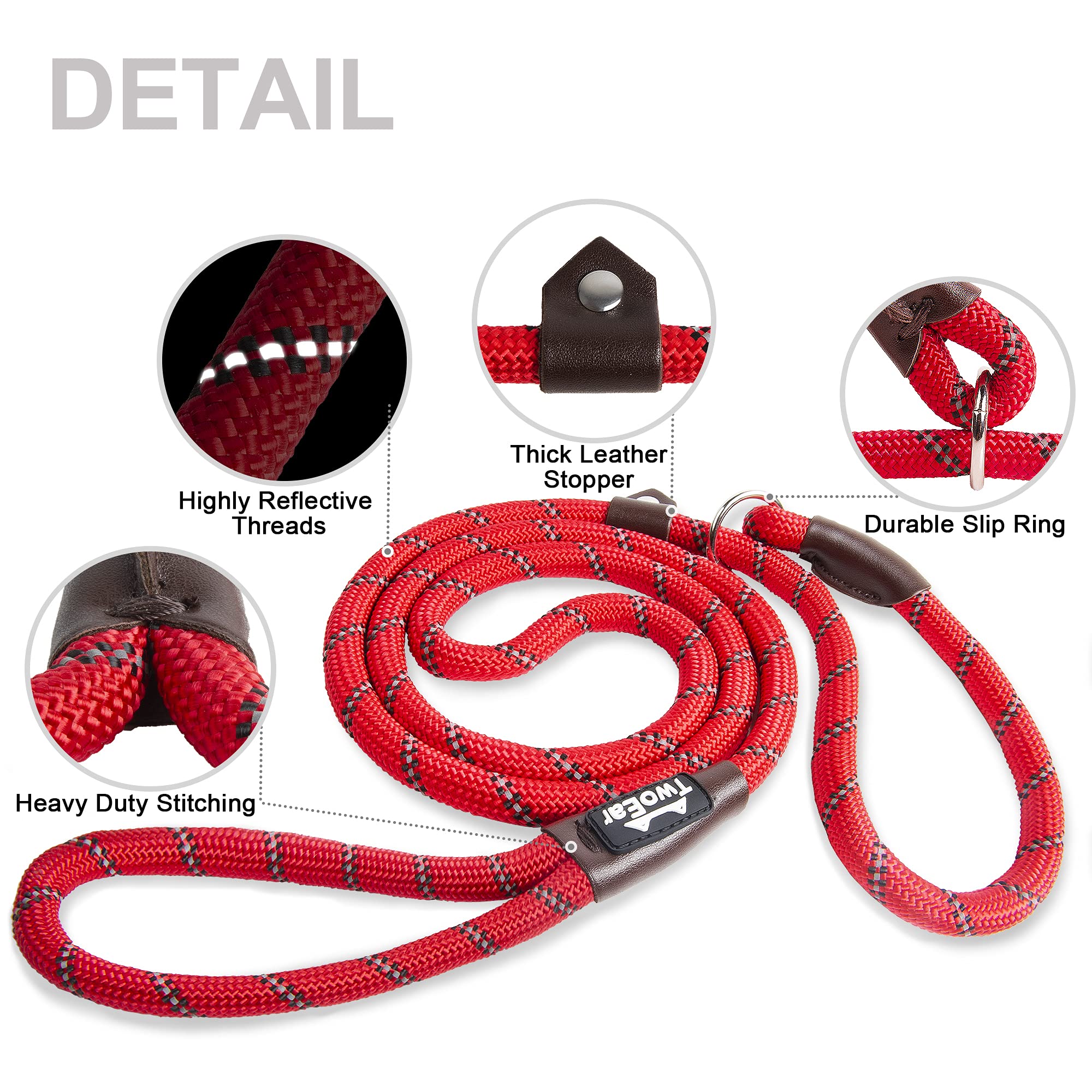 Twoear Dog Leash Dog Slip Rope Leash 6Ft Dog Training Leash Heavy Duty Strong Slip Lead Highly Reflective Threads For Small Medium And Large Dogs (Slim(3/8''X6Ft), Red)