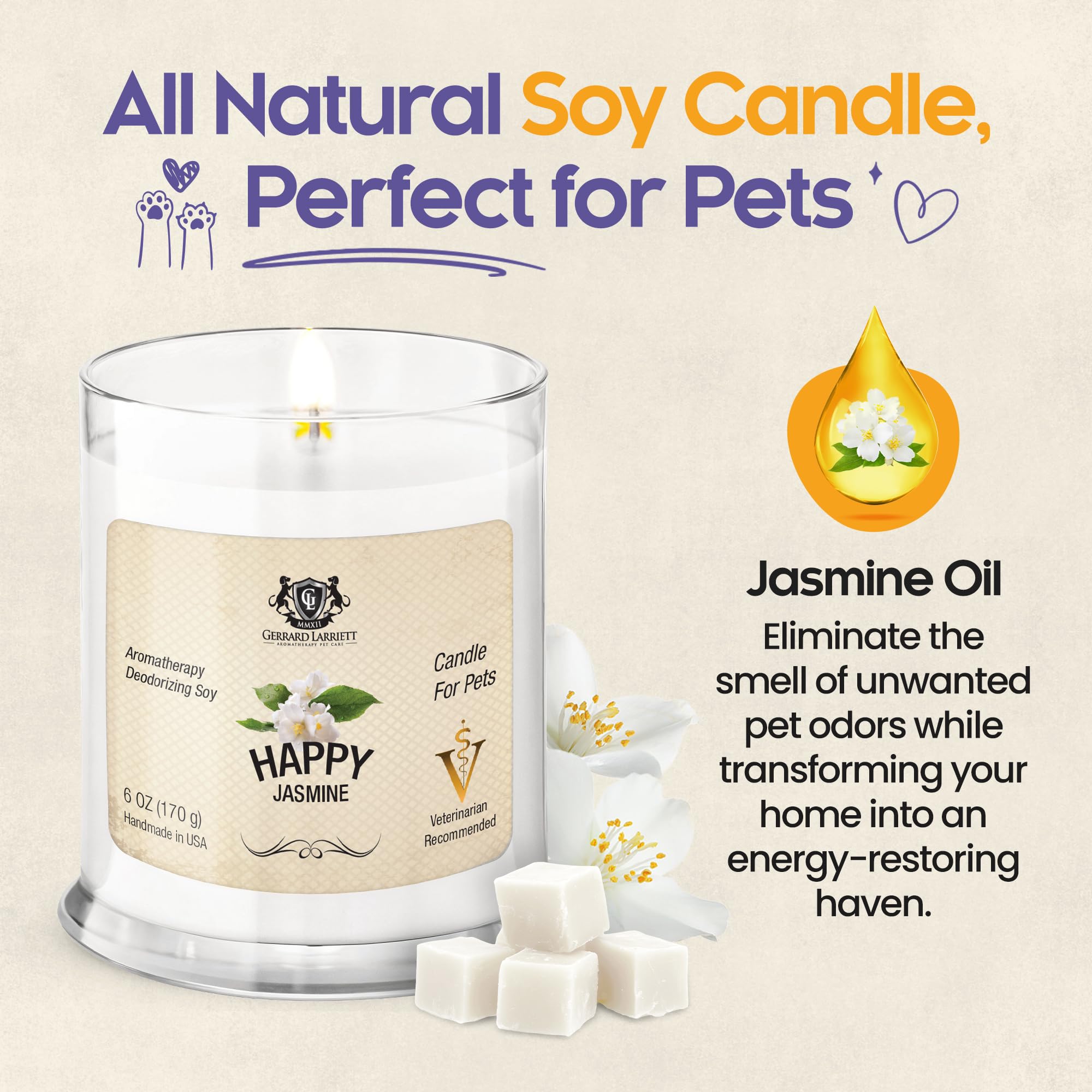 Gerrard Larriett - Deodorizing Soy Candles For Pets, Scented Candles For Removing Pet/Household Odors, Lasts Up To 40 Hours, White Candles For Home Scented With Happy Jasmine Fragrance, 10 Oz