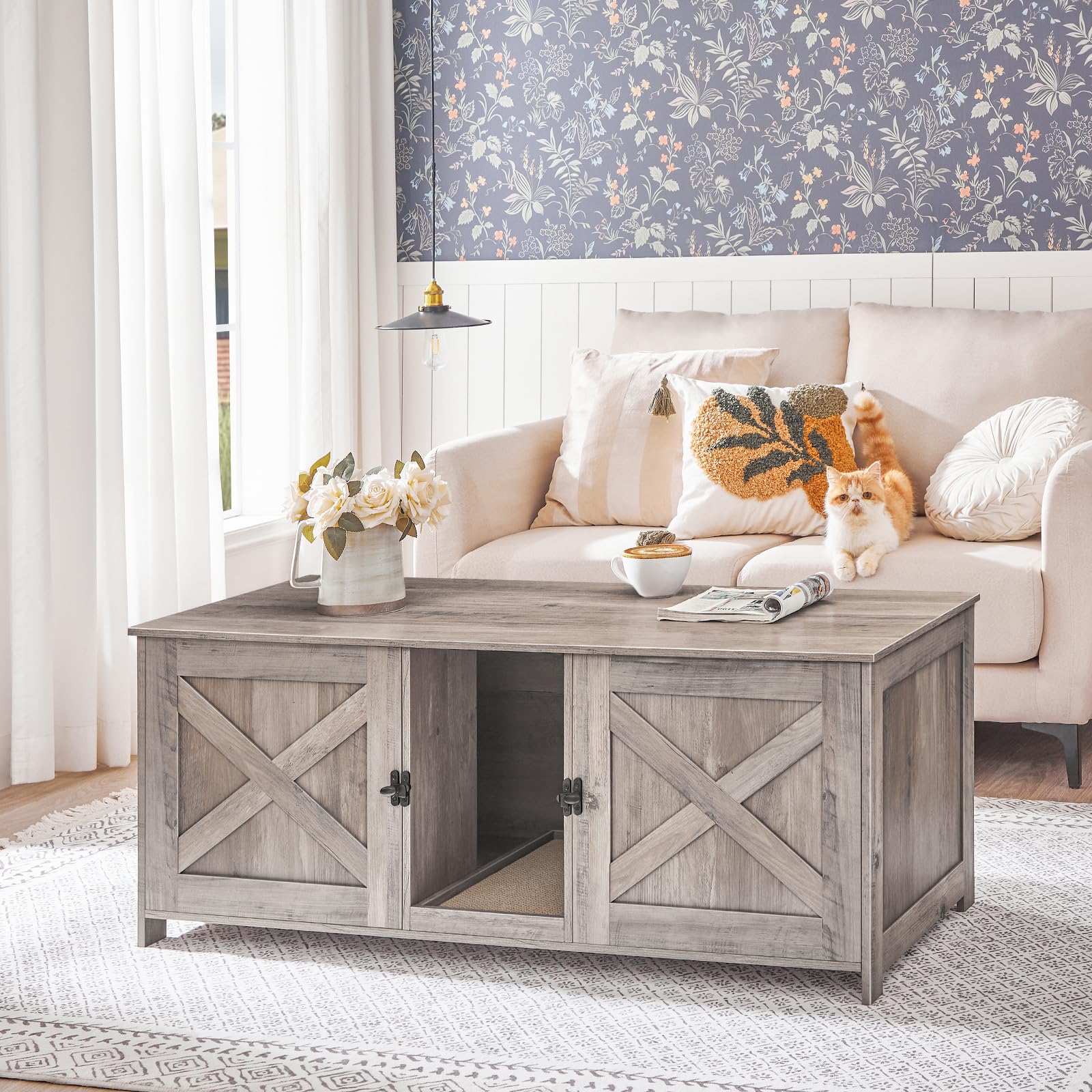 Mahancris Cat Litter Box Enclosure For 2 Cats, 47.2'' Hidden Cat Litter Box Furniture With Double Room, Wooden Washroom Cabinet