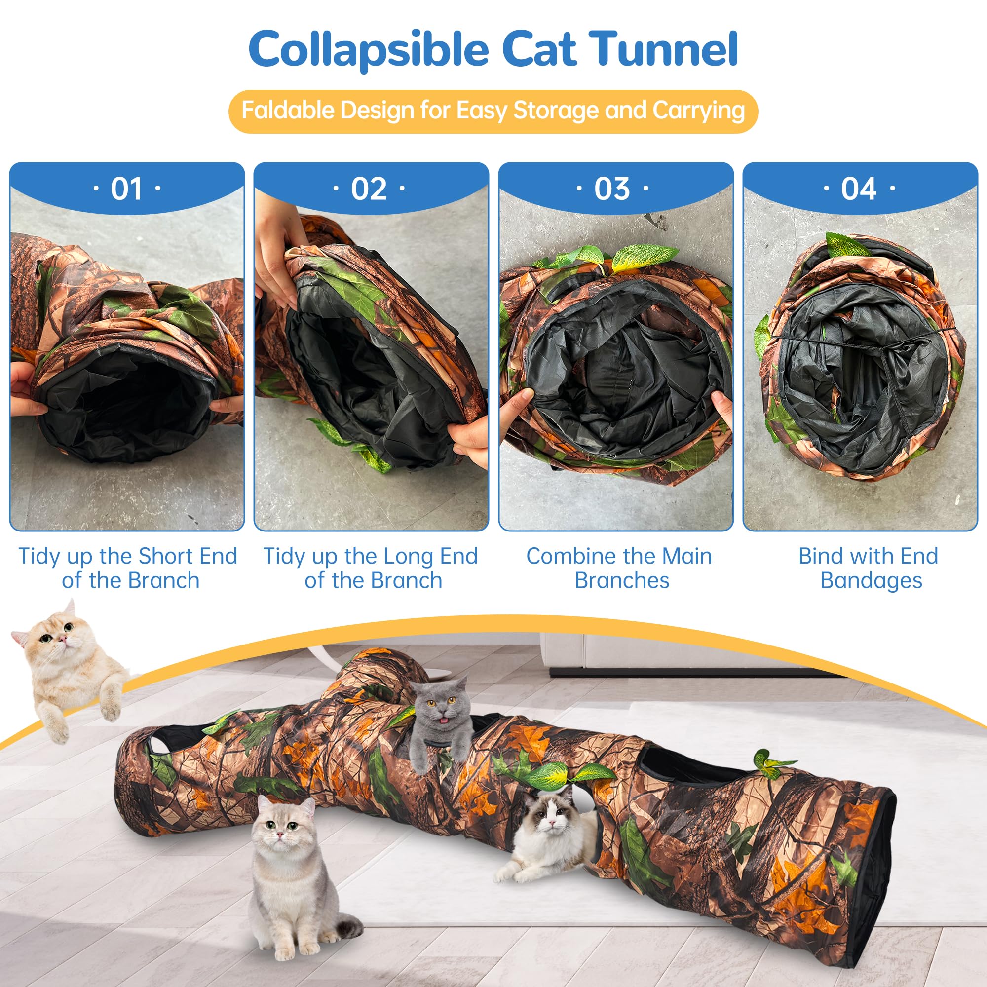 Felrelwel Cat Tunnel,59'' Large Y-Shape Cat Cave With 3 Rustle Channels & Leaves, Portable Cat Bed Toy For Indoor Kittens & Smal