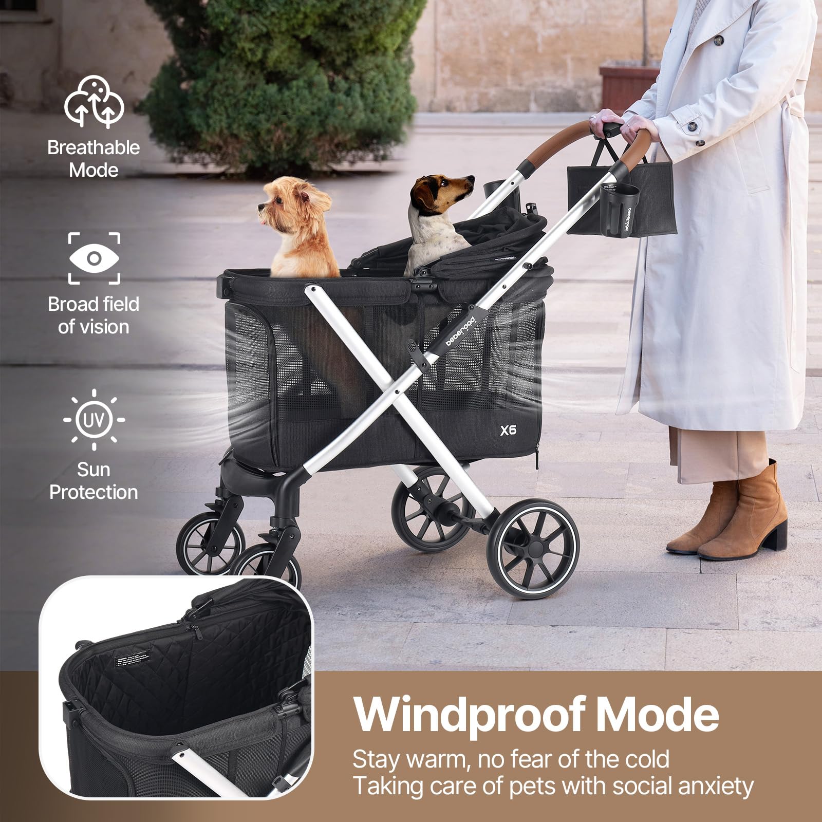 Beberoad Pets X6 Luxury Pet Stroller For Medium Dogs Up To 66 Lbs, One-Second Fold Design, 180 Canopy, 4-Wheel Shock Absorption