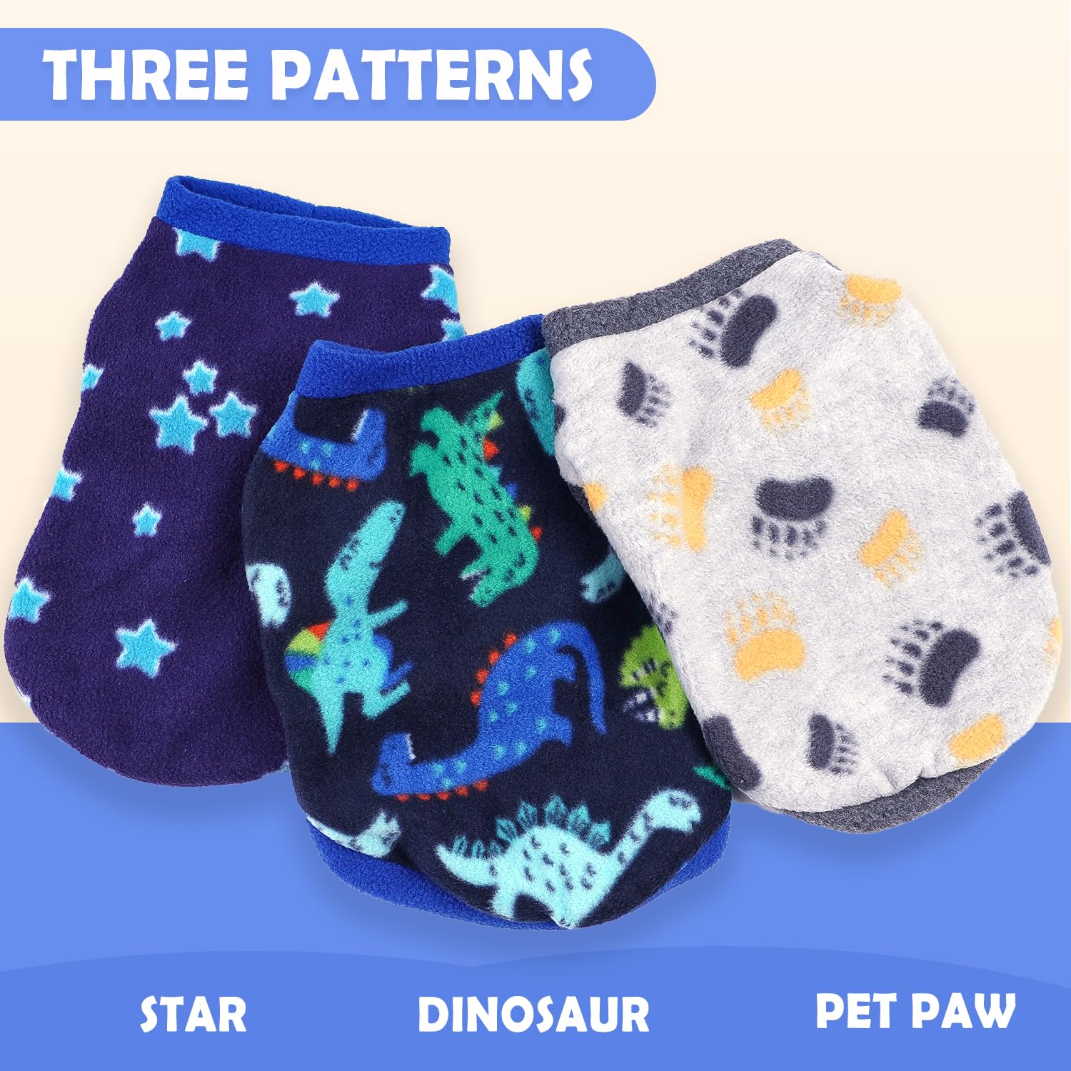 3-Piece Small Dog Sweaters - Fleece Winter Warm XS Boy Dog Clothes - Cute Dinosaur Patterns - Chihuahua, Yorkie - Christmas