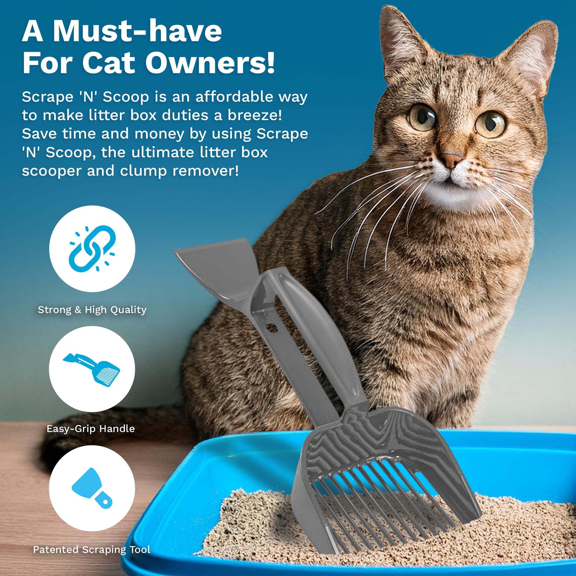 Scrape 'N' Scoop Cat Litter Clump Remover With Sifter – Litter Box Scooper & Scraper 2 In 1 For Litter Tray, Potty, & Litter Pan - Animal Waste Cleaner Tool - Pet Accessories & Supplies - Grey