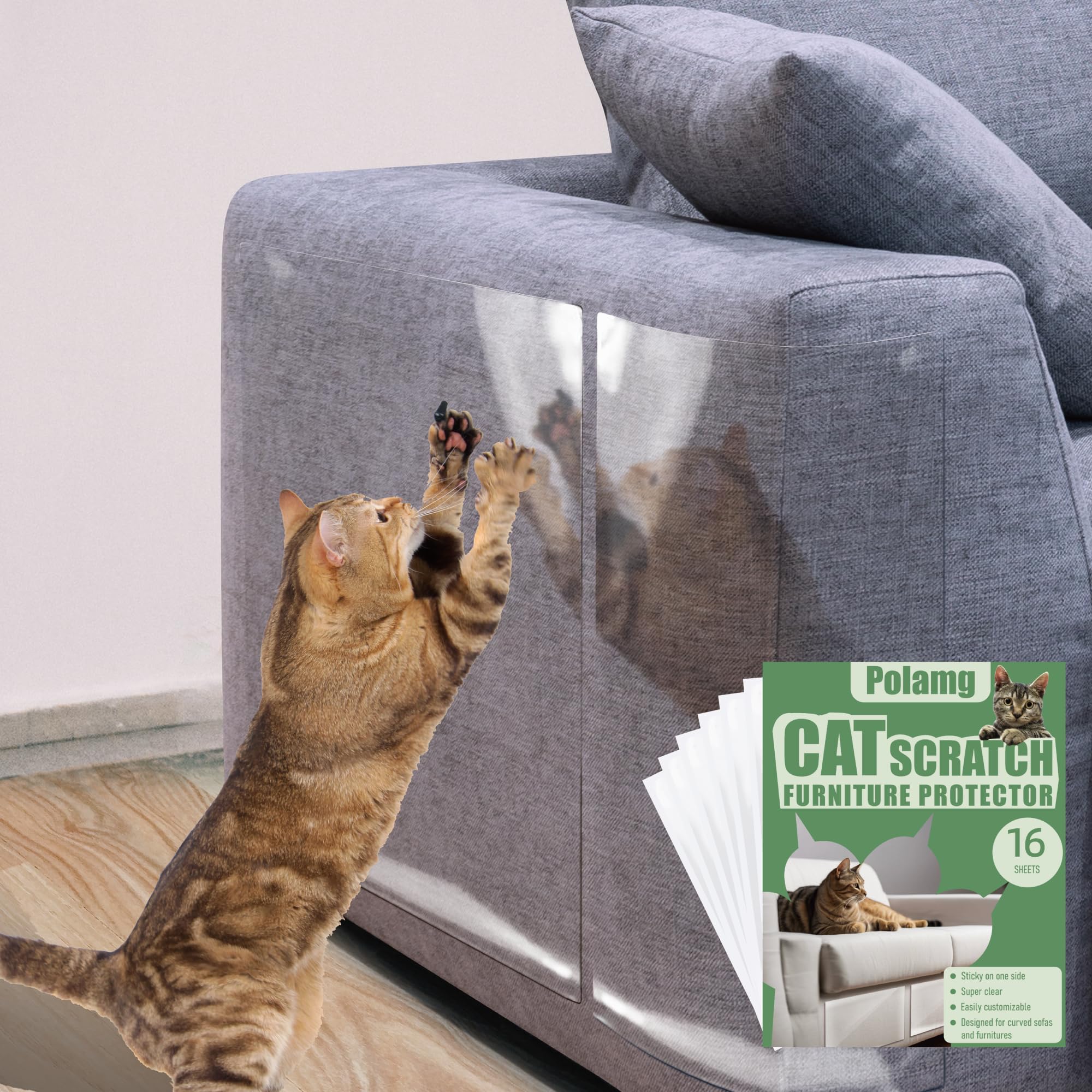 Cat Scratch Furniture Protector-16-Pack -Single-Sided, Heavy-Duty Self-Adhesive Tape, No-Residue for Couch, Doors & Walls - NO P