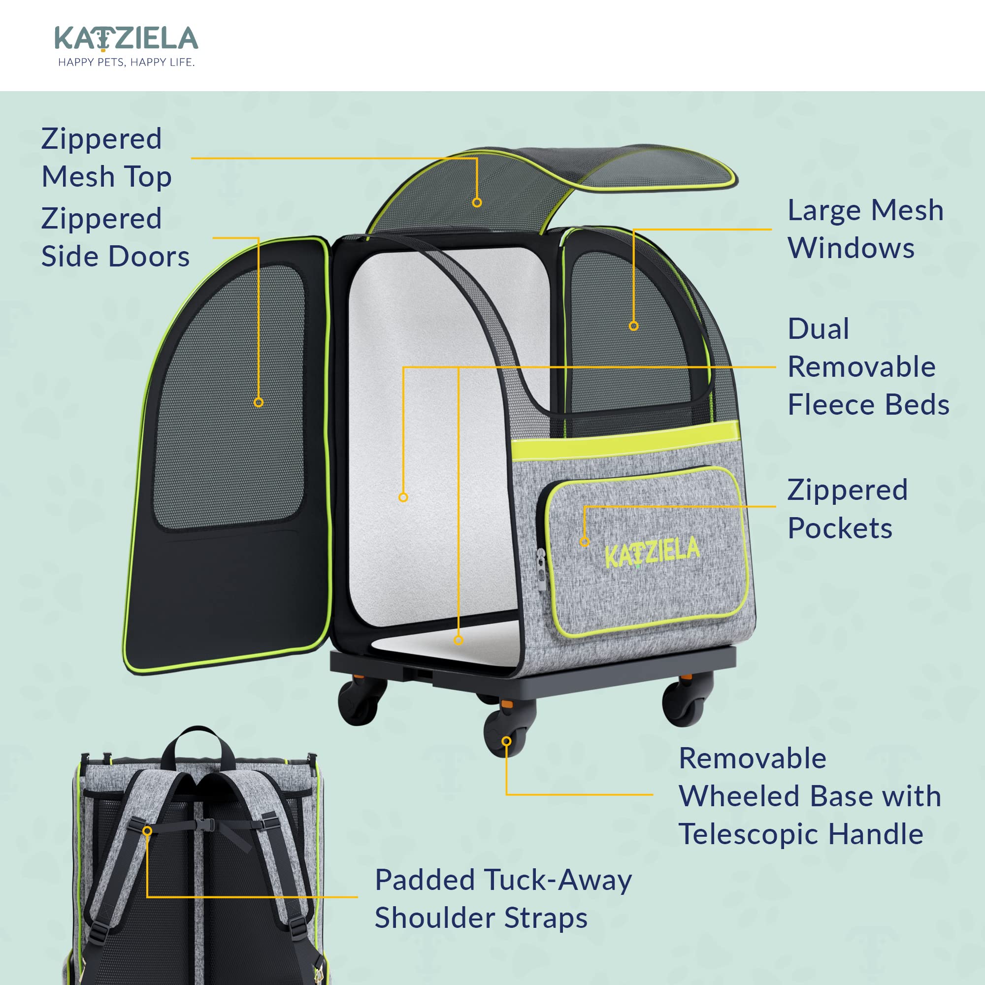 Katziela Wheeled Pet Carrier Backpack - Soft Sided, Airline Approved Hiking Carrying Bag For Small Dogs And Cats ?Removable Rolling Wheels ?Mesh Ventilation Windows, Storage Pockets (Green/Gray)