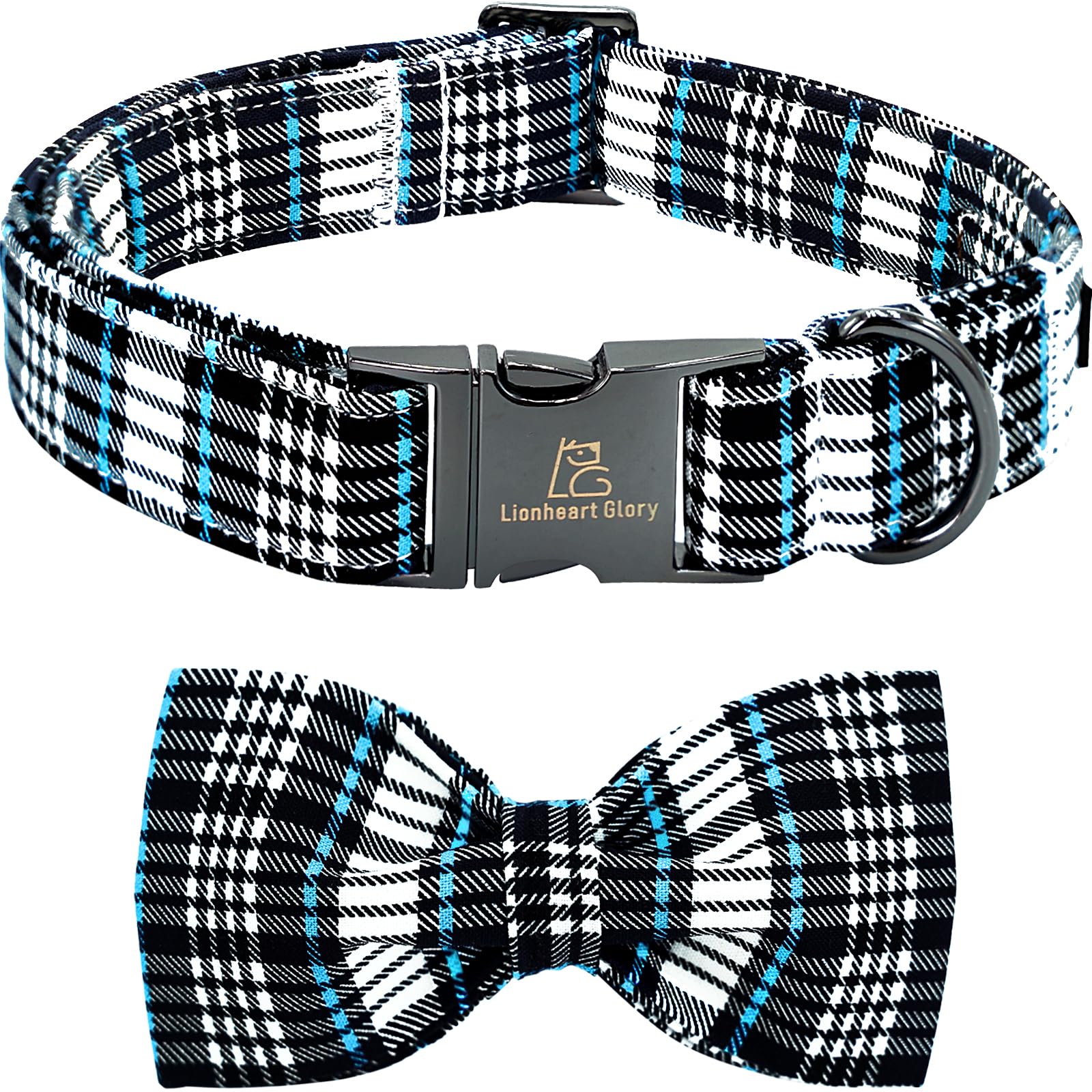 Lionheart Glory Dog Bow Collar Blue And Black Plaid Dog Collar For Medium Dogs,Boy Dog Collars With Bowtie Spring Summer Collars