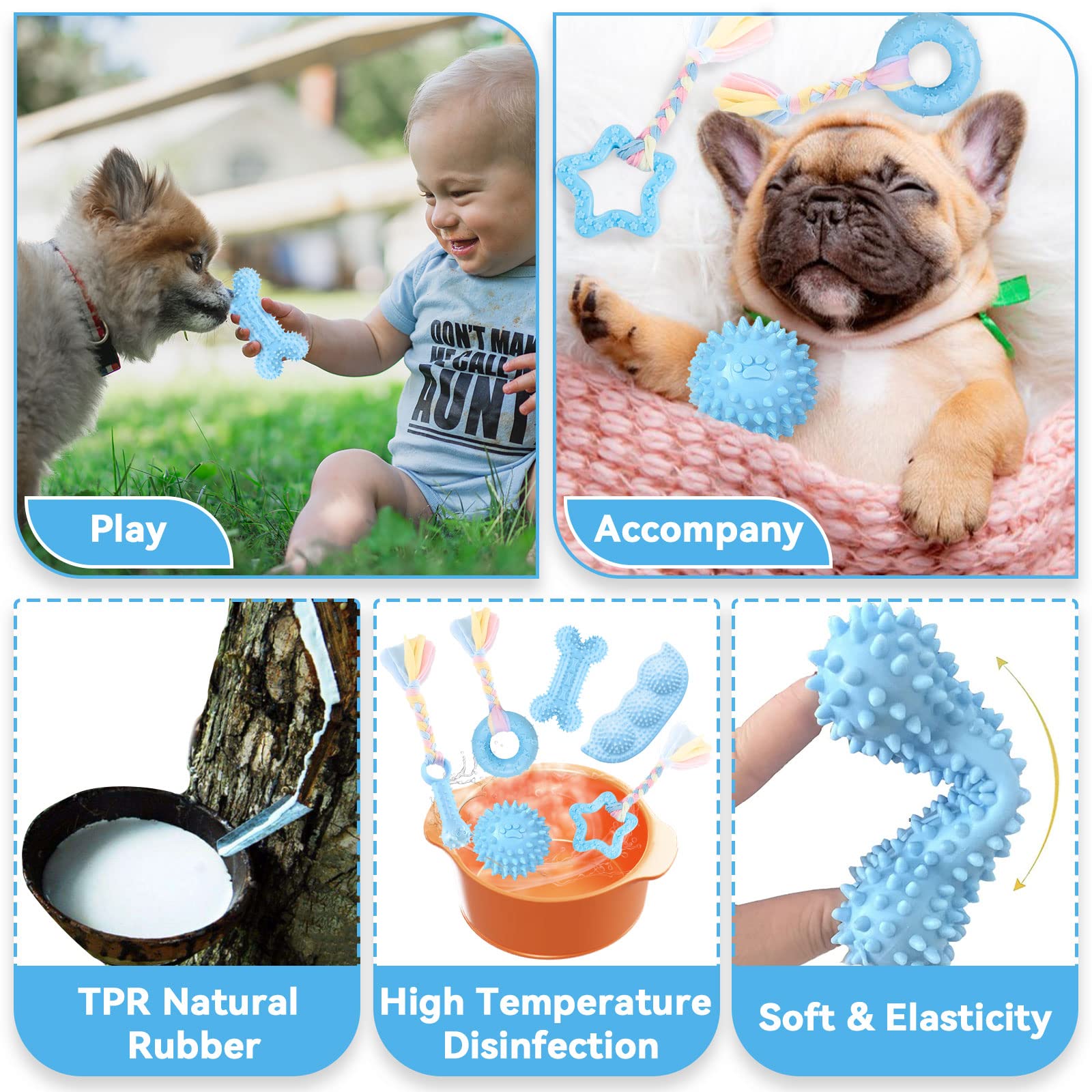 Petcare 6 Pack Puppy Chew Toys For Teething Cute Blue Puppy Toys Small Dog Toys Soft Rubber Rope Dog Toys Funny Bone Ball Cleaning Teeth Dog Chew Toys Puppy Teething Toys For Puppies Yorkie