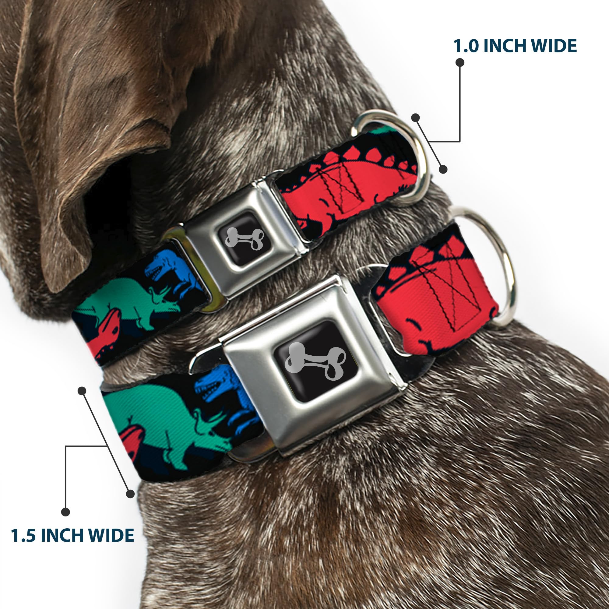 Buckle-Down Seatbelt Buckle Dog Collar - Dinosaurs Black/Multi Color - 1'' Wide - Fits 11-17'' Neck - Medium
