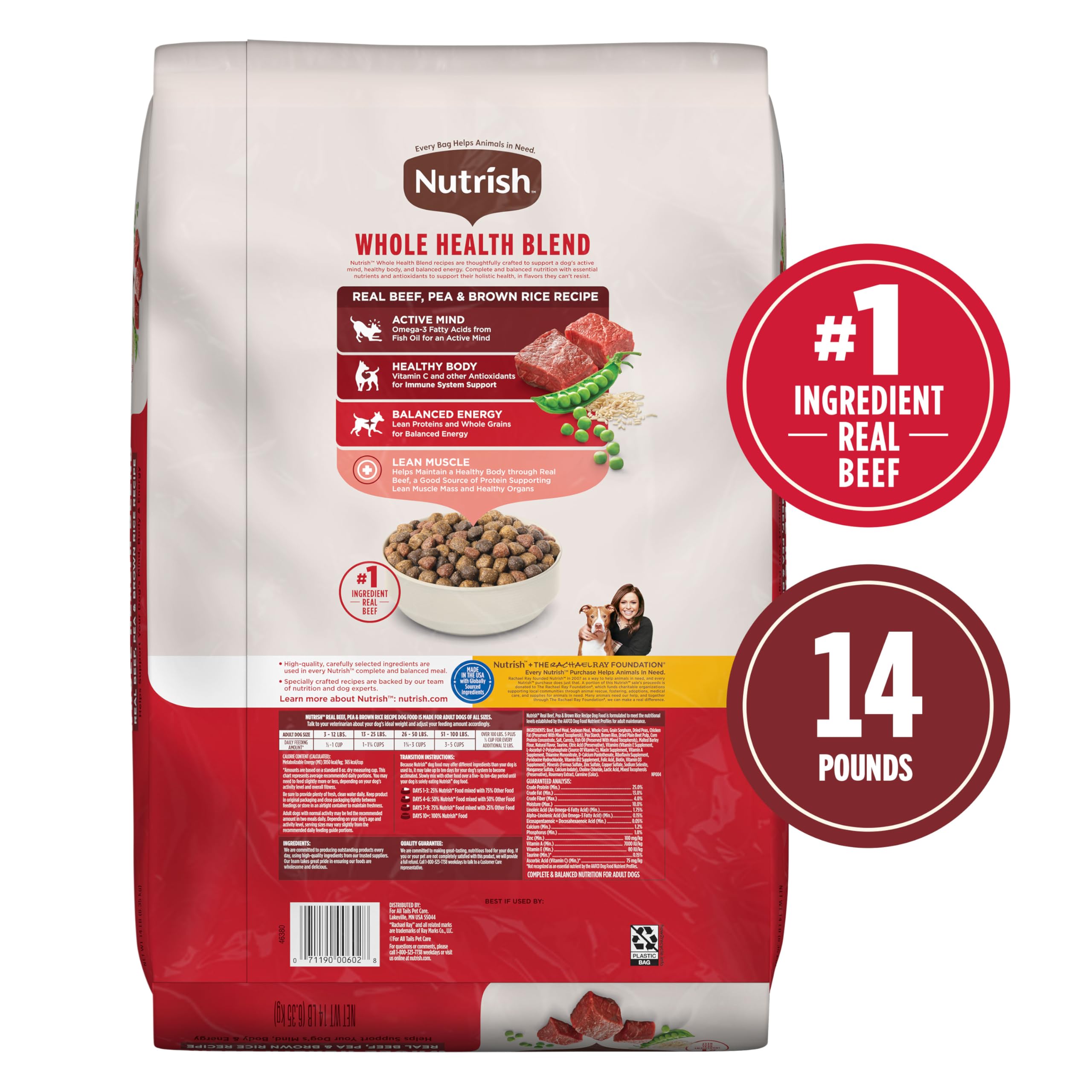 Nutrish Real Beef, Pea & Brown Rice Recipe Whole Health Blend Dry Dog Food, 14 lb. Bag, Packaging May Vary (Rachael Ray)
