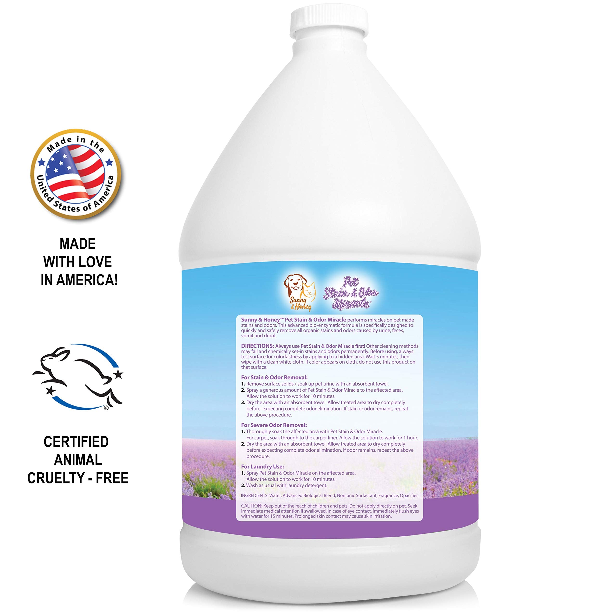 Sunny & Honey Pet Stain & Odor Miracle - Enzyme Cleaner For Dog And Cat Urine, Feces, Vomit, Drool (Light Lavender Scent, 1 Gallon)