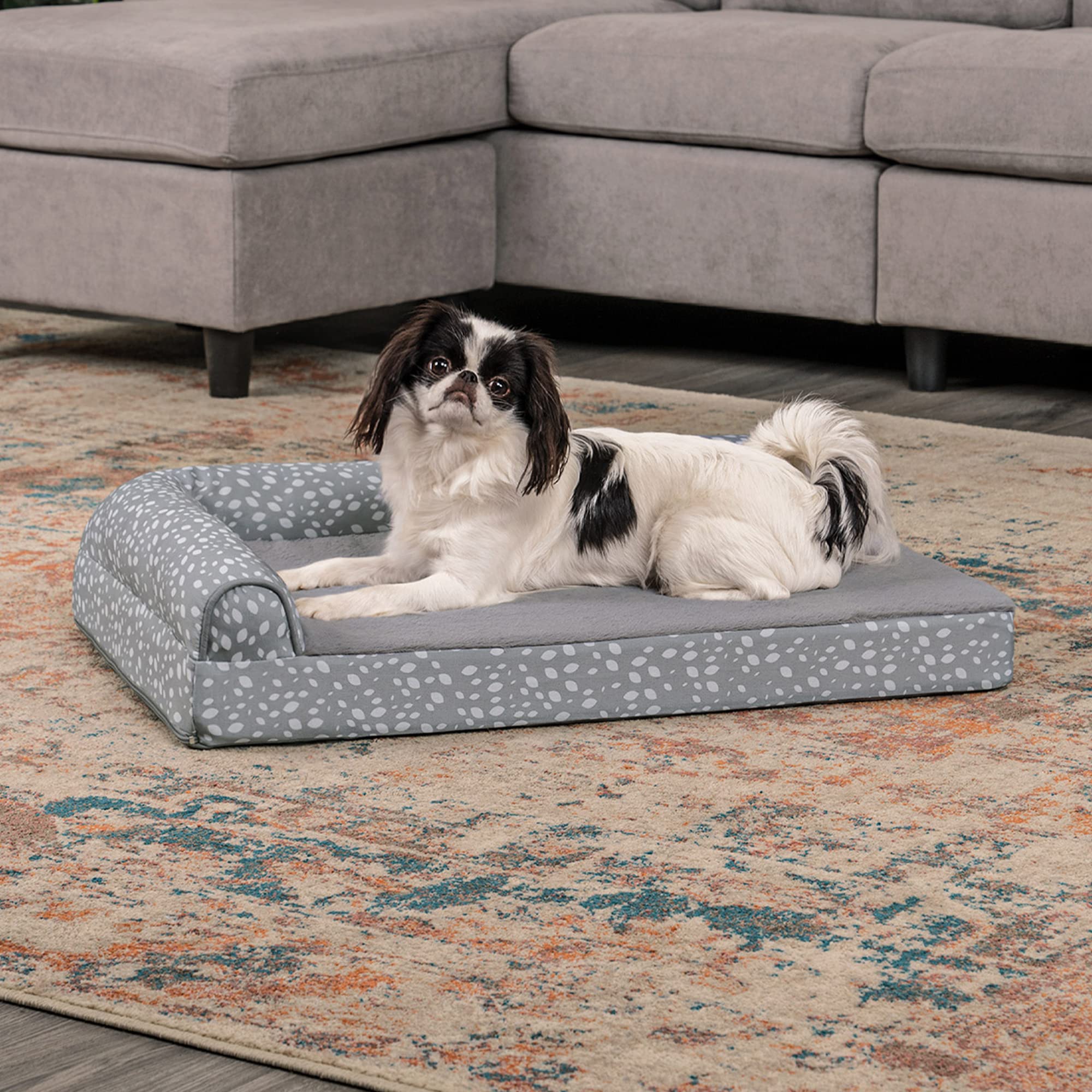 Furhaven Orthopedic Dog Bed For Medium/Small Dogs W/ Removable Bolsters & Washable Cover, For Dogs Up To 35 Lbs - Plush & Almond Print L Shaped Chaise - Gray Almonds, Medium