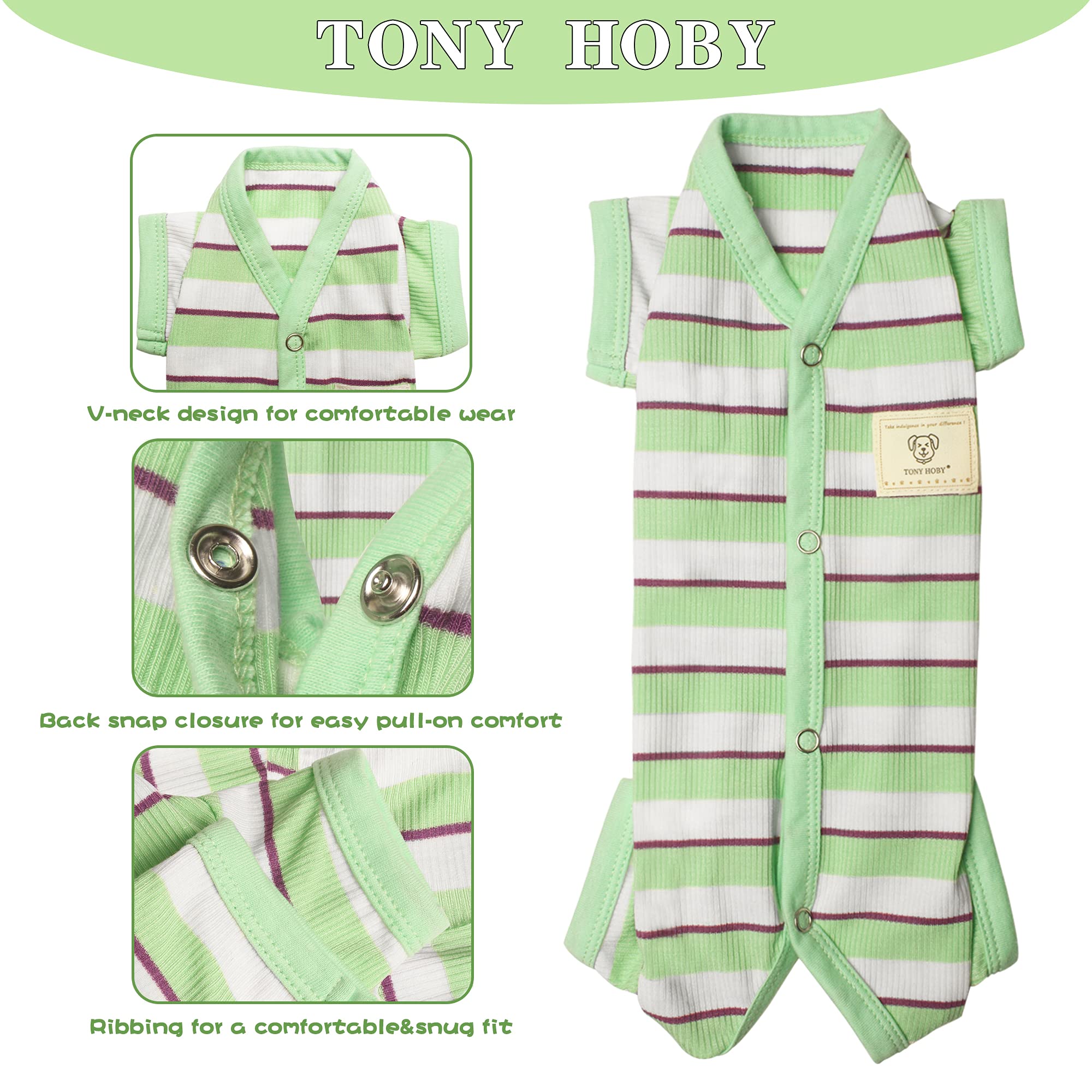 Tony Hoby Dog Jumpsuit 4 Legged Pajamas - Female Dog Pajamas With Green Stripe, For Small Medium Size Dogs, Green&White, Female