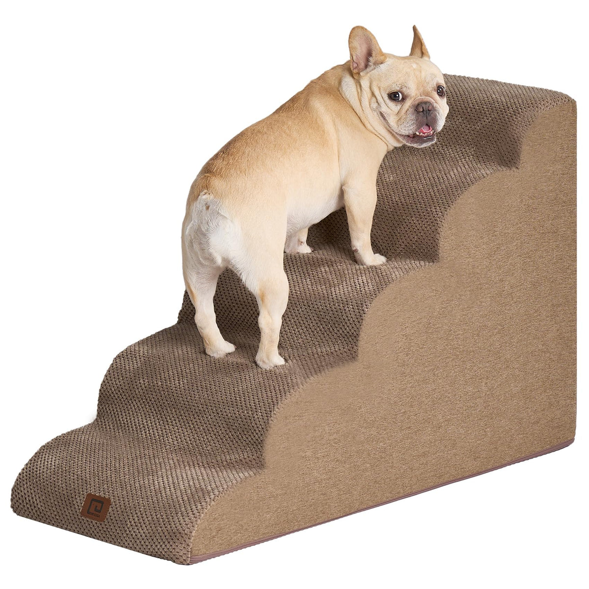 Eheyciga Curved Dog Stairs Ramp For High Beds 22.6' H, 5-Step Dog Steps For Small Dogs And Cats, Pet Stairs For High Bed Climbing, Non-Slip Balanced Pet Step Indoor, Camel