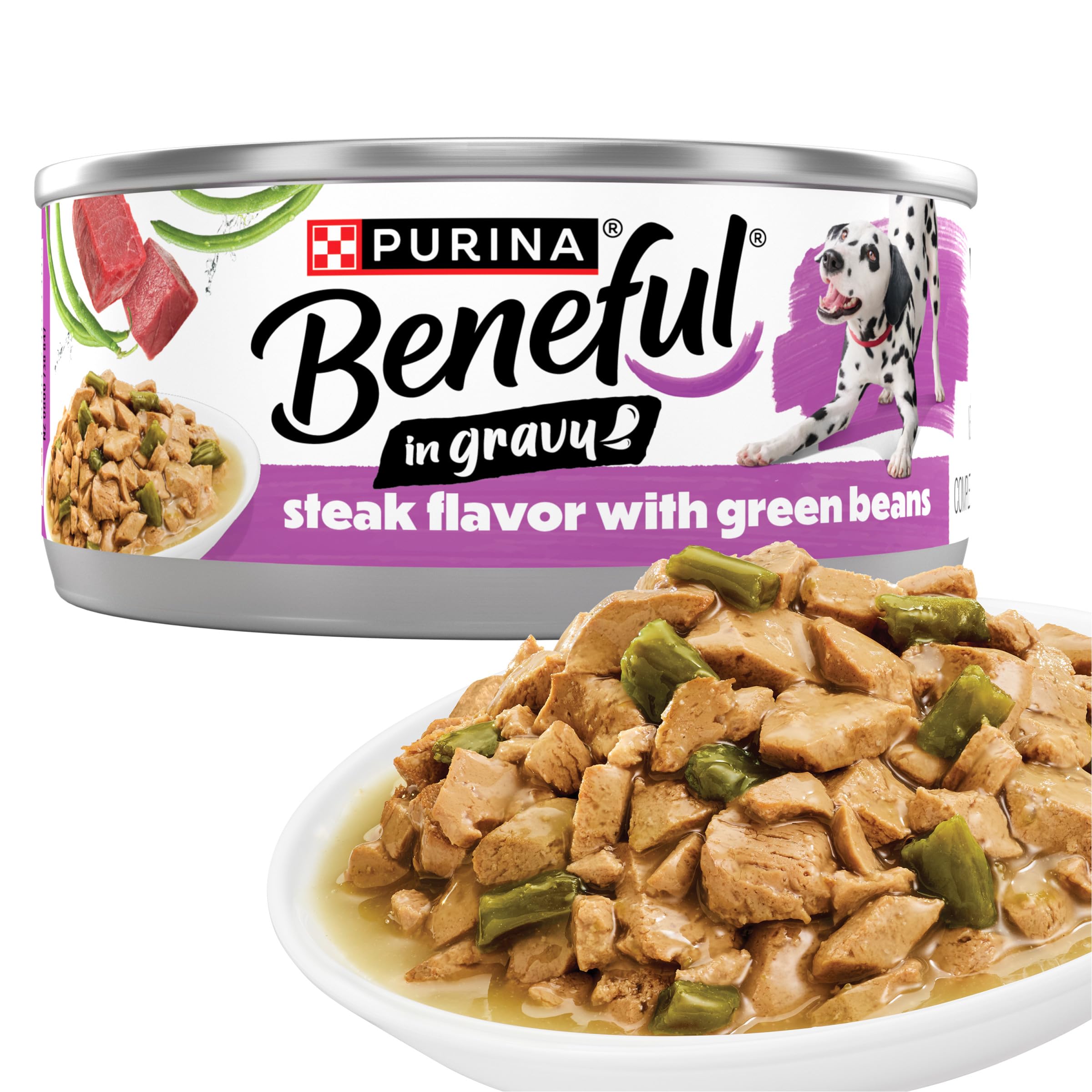Purina Beneful Steak Flavor with Green Beans Wet Dog Food in Dog Food Gravy - 5.5 oz Can (Pack of 12)