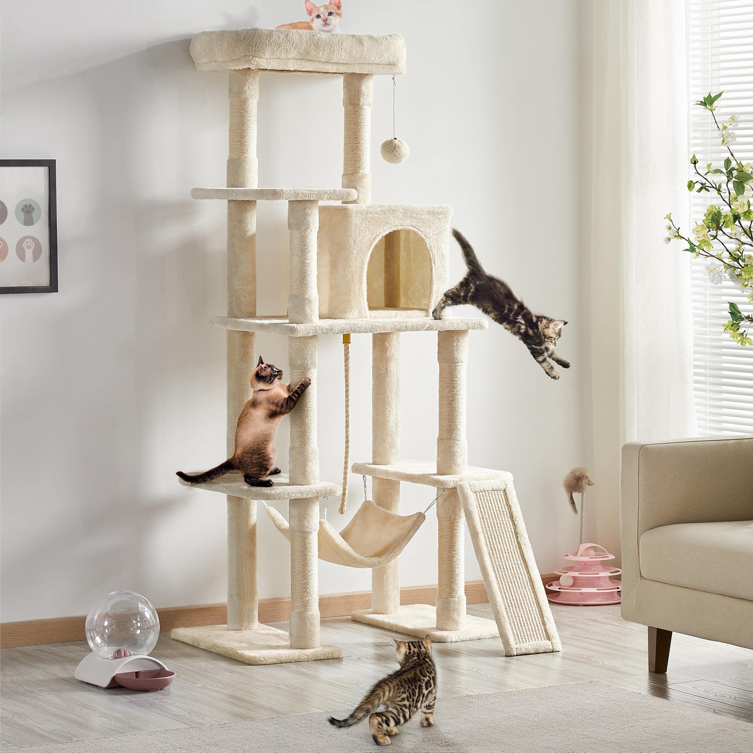 Yaheetech Cat Tree, 63 Inches Multi-Level Indoor Cat Play Structure With Scratching Posts, Hammock, And Dangling Ball