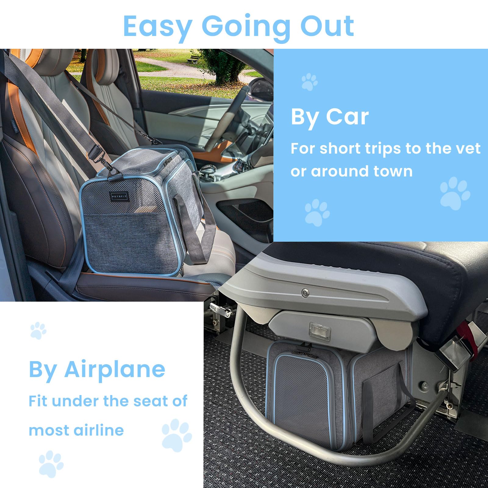 Petsfit Expandable Cat Carrier, Airline Approved, Soft-Sided, Washable, Light Grey, 16x10x9, Portable for Small Dogs, Kittens, and Rabbits