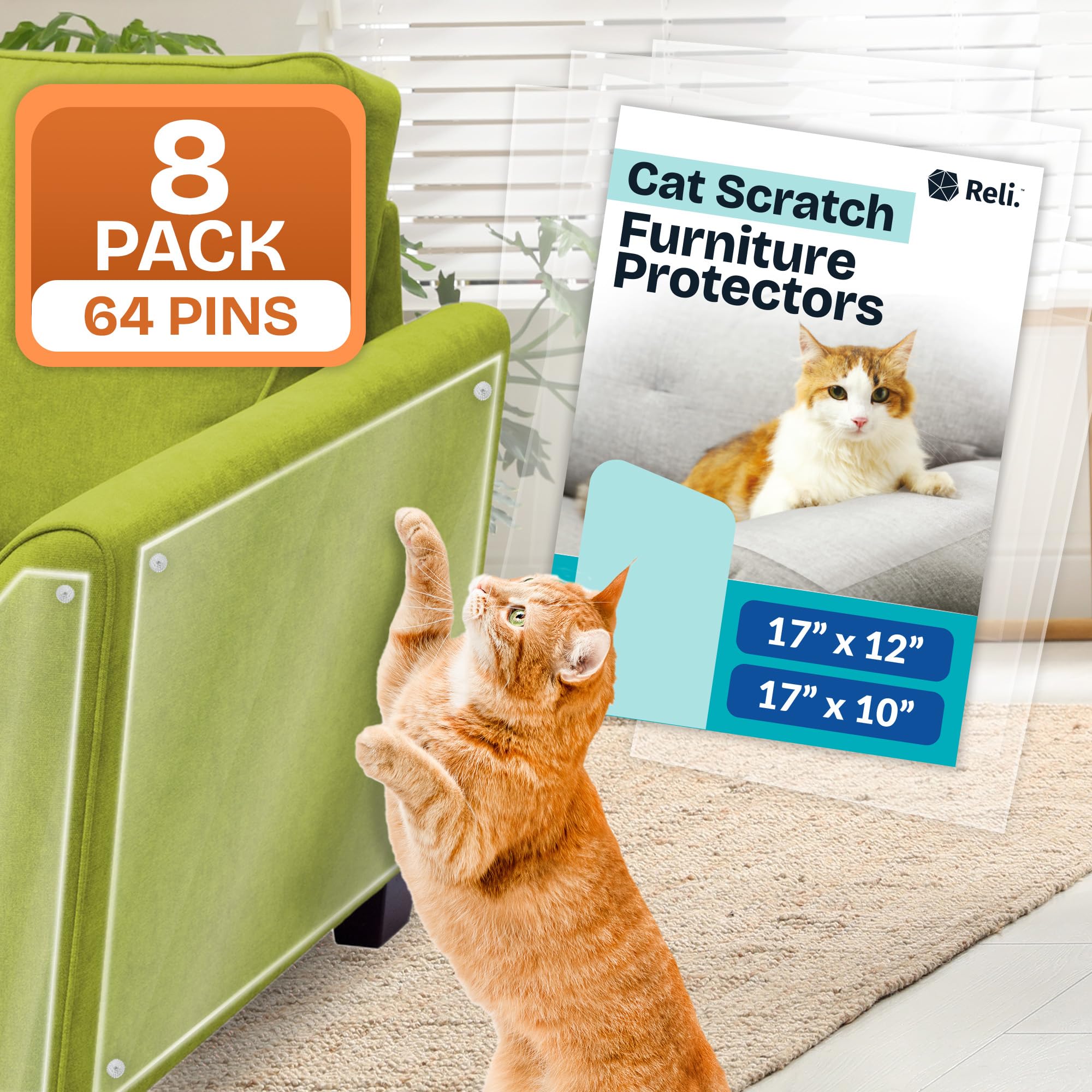 Reli. Cat Scratch Furniture Protector (8 Pack W/Pins) Xl | Cat Couch Protector From Claws | Clear Plastic Anti Scratch Furniture