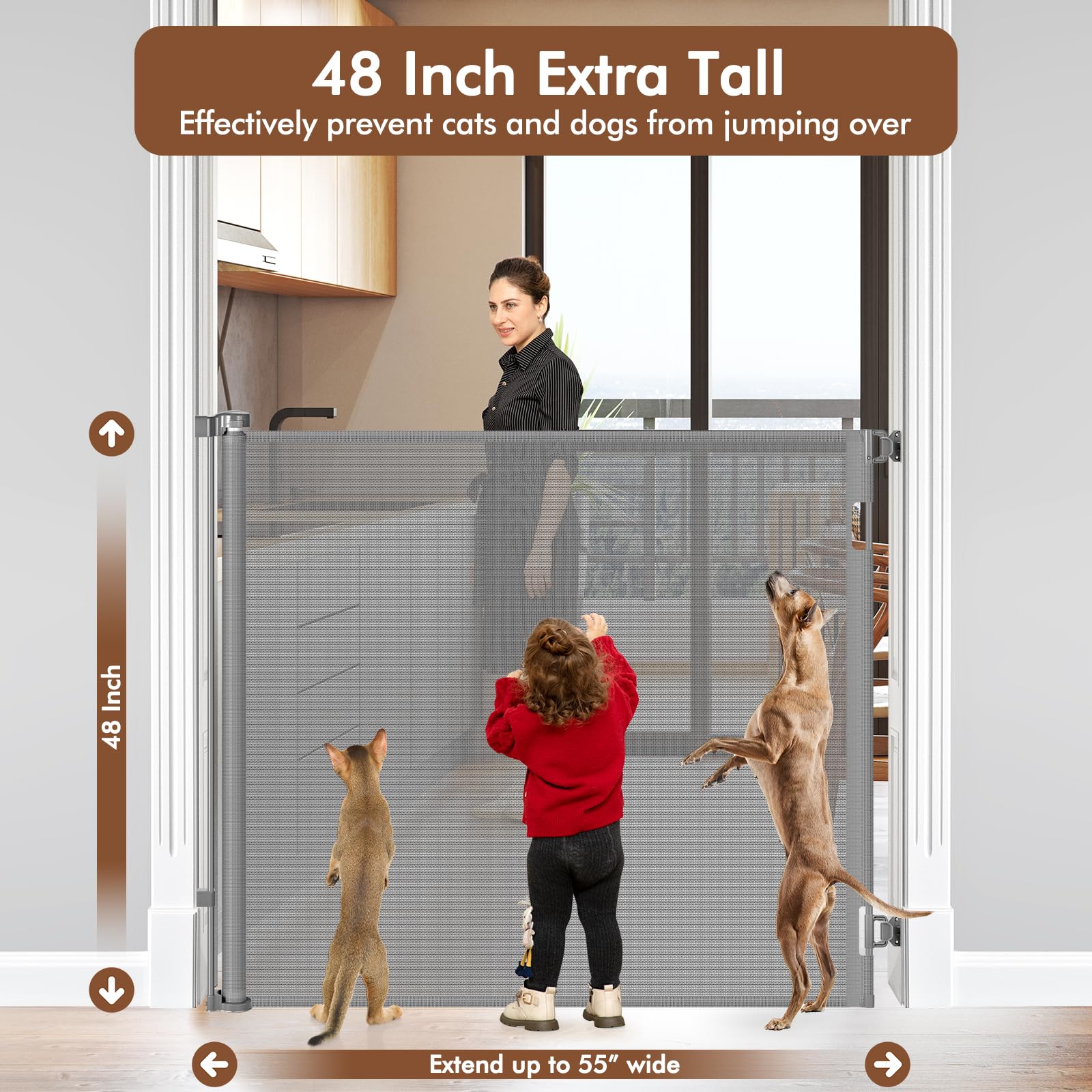 48 Inch Extra Tall Dog Gate, Extends to 55'' Wide, Extra Tall Retractable Baby Gates for Doorways Extra Tall Pet Gate Indoor Mes