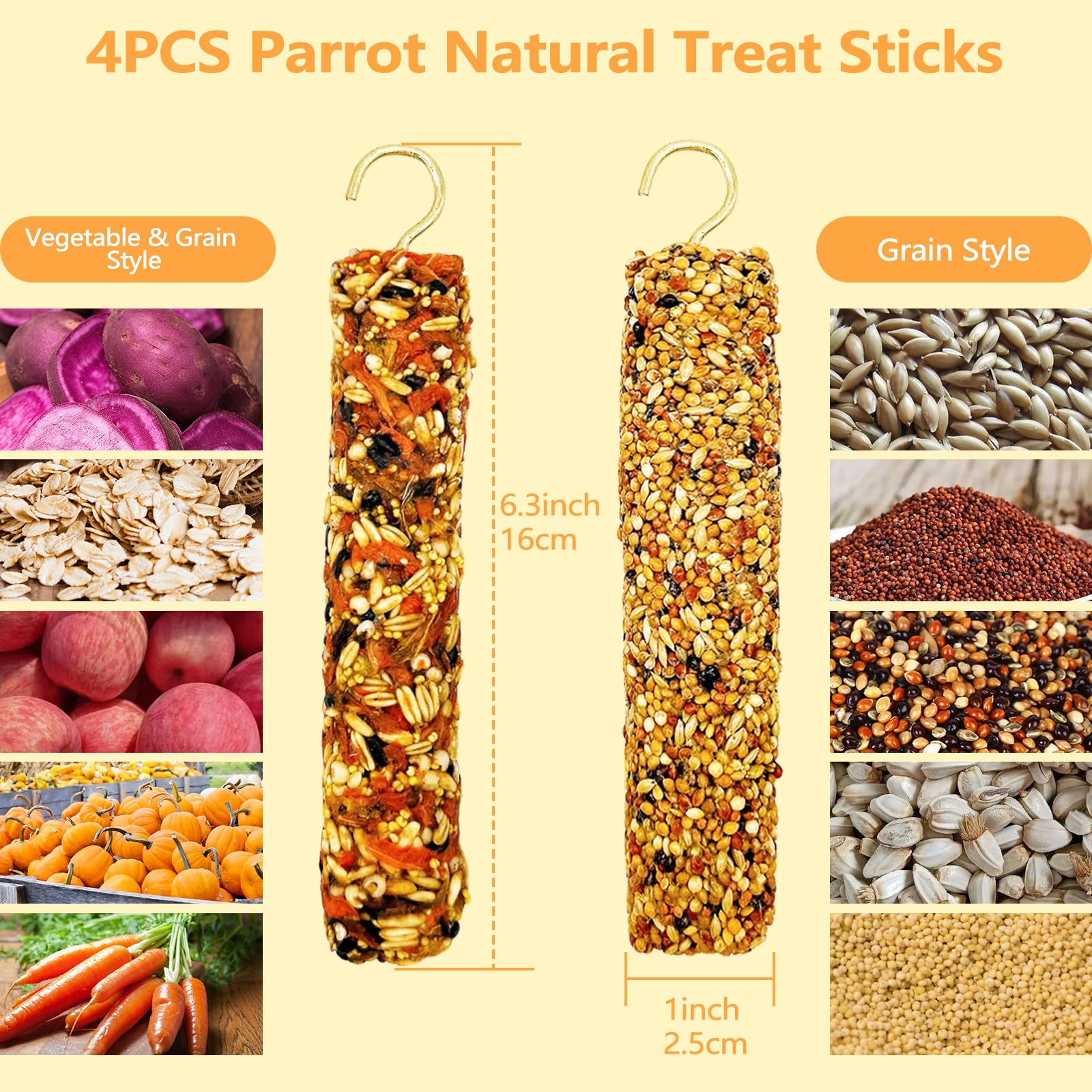 Acsist 4PCS Parakeet Treat,Natural Parrots Treat Sticks,Vegetable & Grain Style Sticks,Bird Treats for Cockatiel Lovebirds Budgi