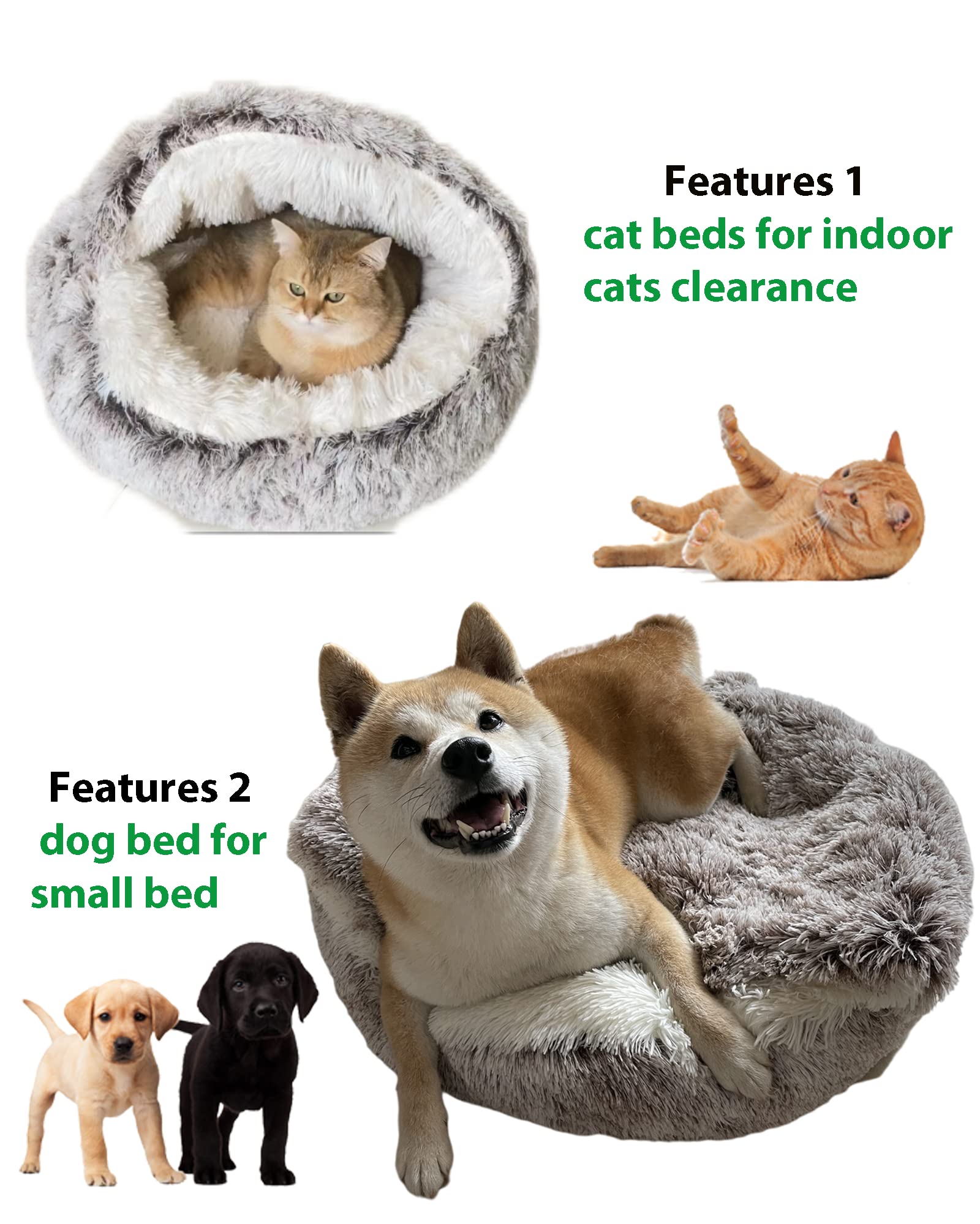 Shinhye Cat Bed Round Plush Fluffy Hooded Cat Bed Cave, Cozy For Indoor Cats Or Small Dog Beds, Soothing Pet Beds Doughnut Calm Anti-Nxiety Dog Bed - Waterproof Bottom Washable, Grey.20 Inches