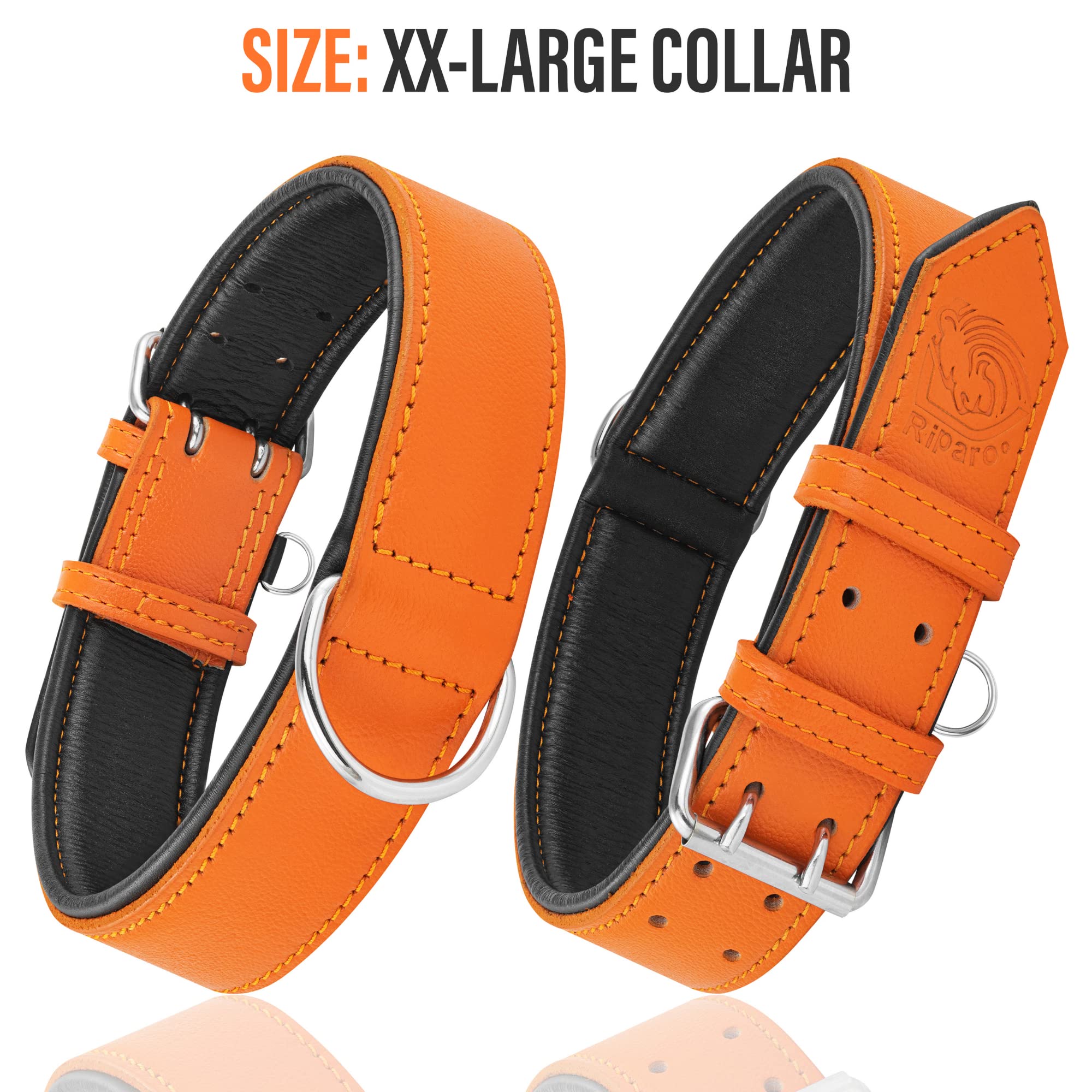Riparo Orange Leather Dog Collar - Heavy Duty Wide Dog Collar For Small, Medium, Large And Extra Large Dogs With Dog Tag Holder