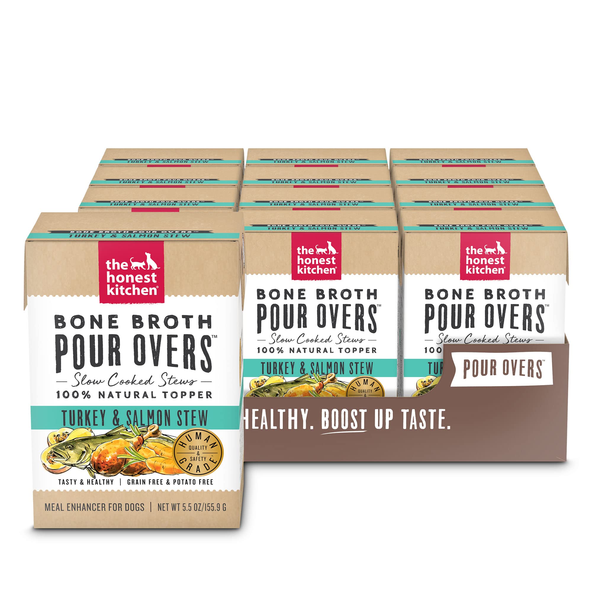 The Honest Kitchen Bone Broth POUR OVERS Wet Toppers for Dogs (12 pack), 5.5oz - Turkey & Salmon Stew