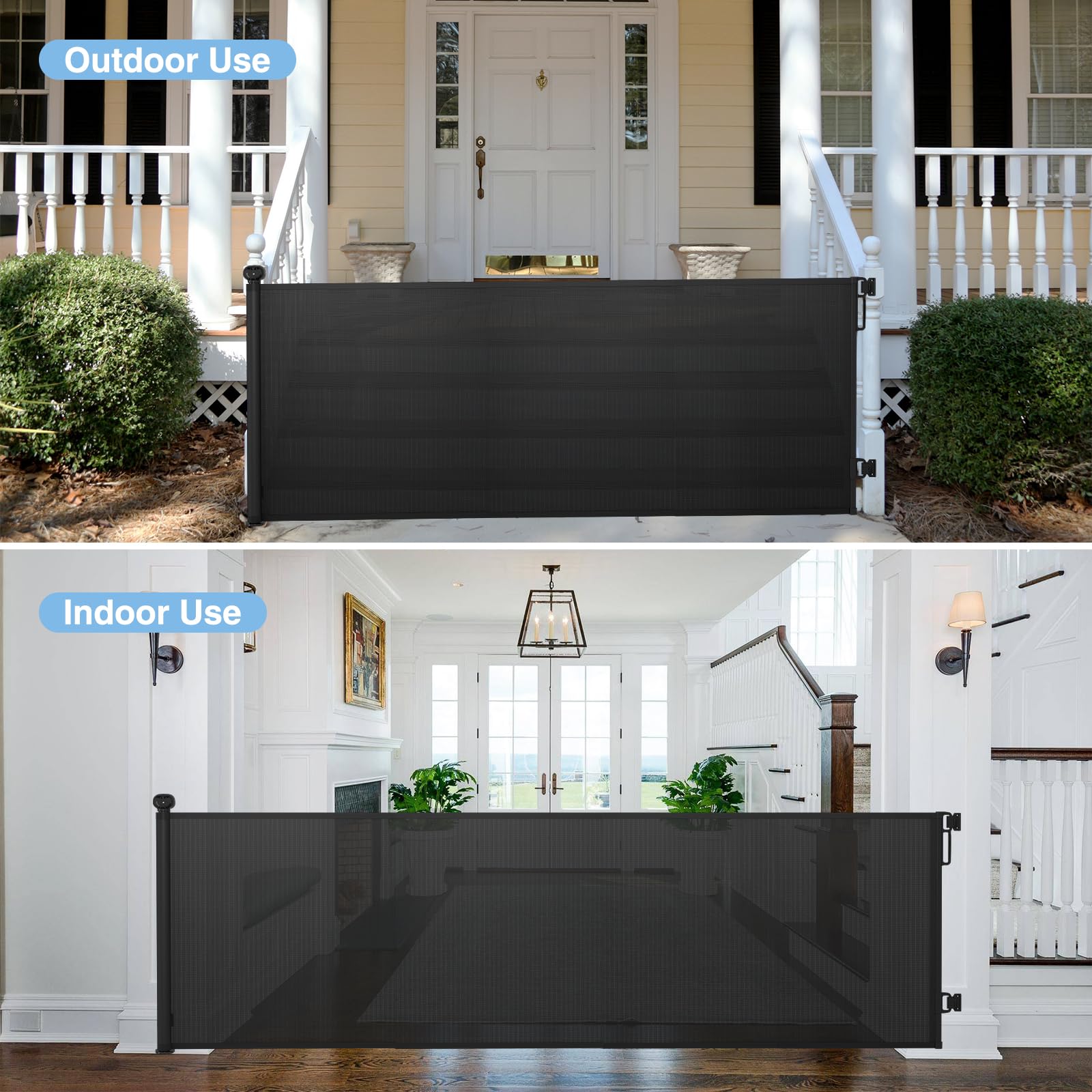 PRObebi Retractable Baby Gate - 34" Tall x 110" Wide, Aluminum, Black, Model SG021, Ideal for Stairs, Doorways, and Outdoor Use