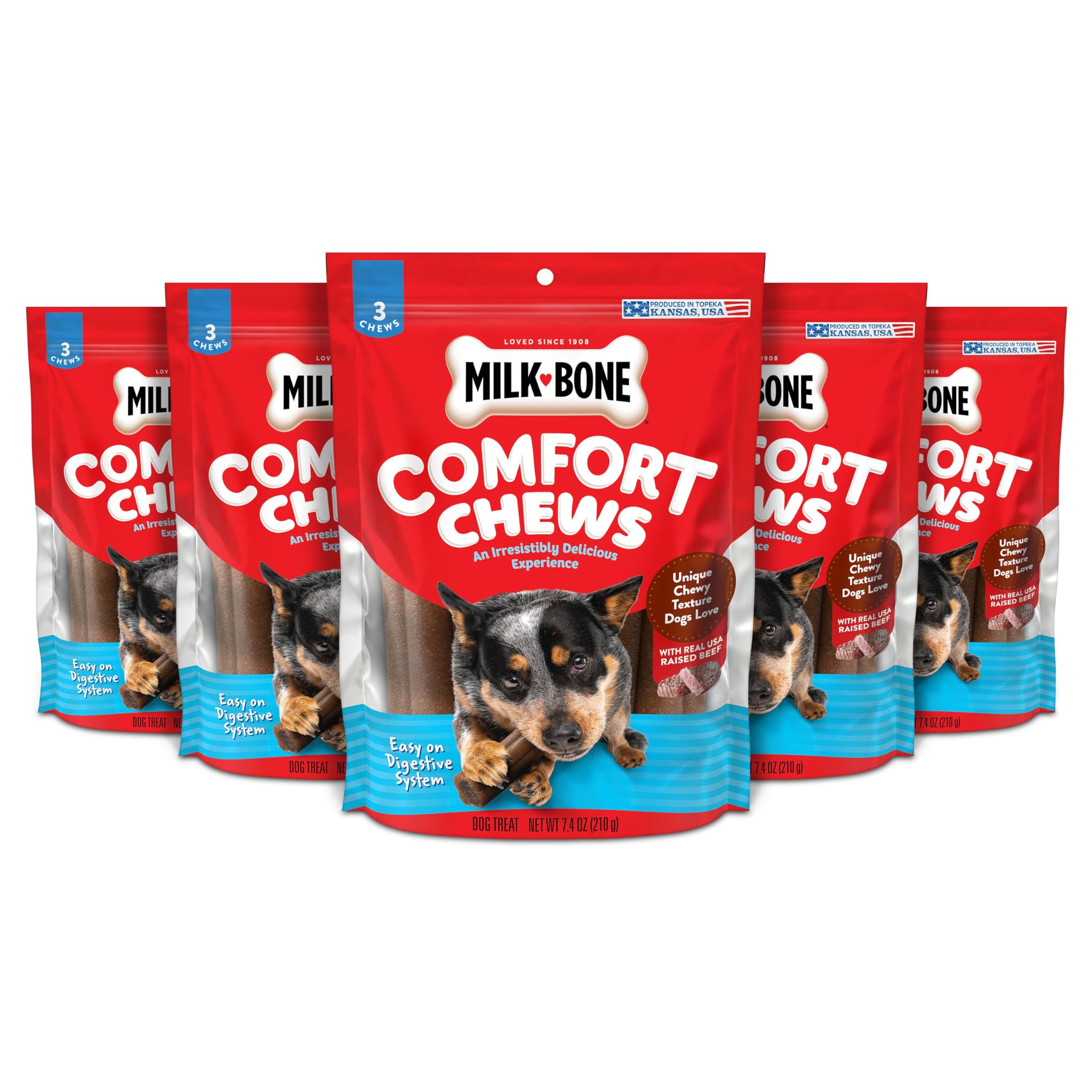 Milk-Bone Comfort Chews, Rawhide Free Dog Treats with Unique Chewy Texture and Real Beef, 3 Chews (Pack of 5), Easy on Digestive