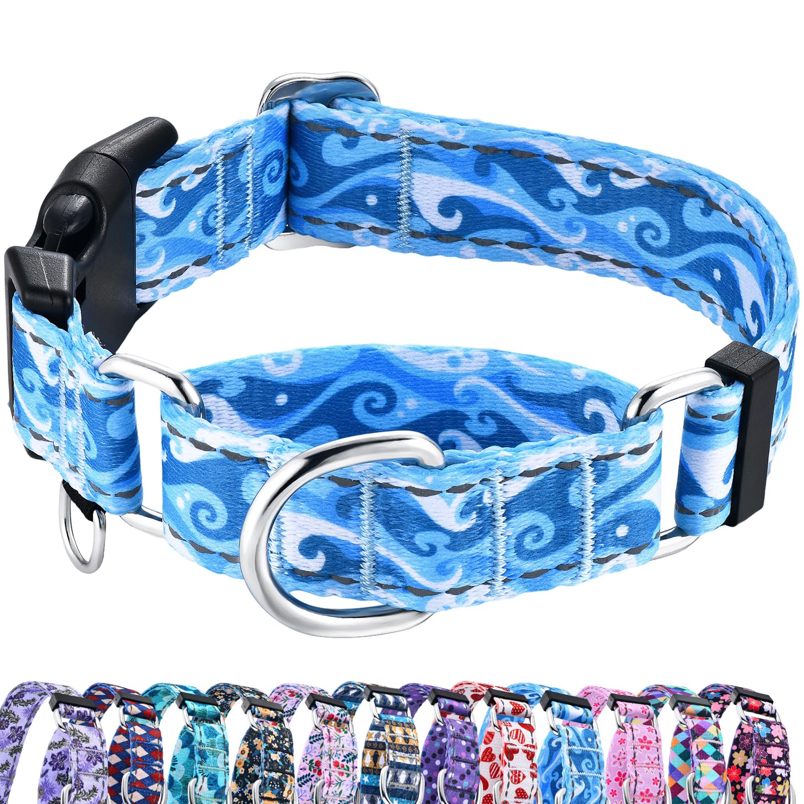 Fidohug Reflective Martingale Collar With Quick Release Buckle Anti Pulling Boy Male Adjustable Dog Collars (Blue Waves, Small)