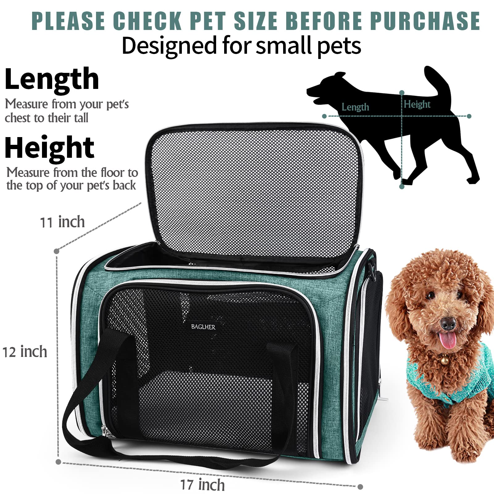Baglher Pet Travel Carrier, Cat Carriers Dog Carrier For Small Medium Cats Dogs Puppies, Airline Approved Small Dog Carrier Soft Sided, Collapsible Puppy Carrier. Green