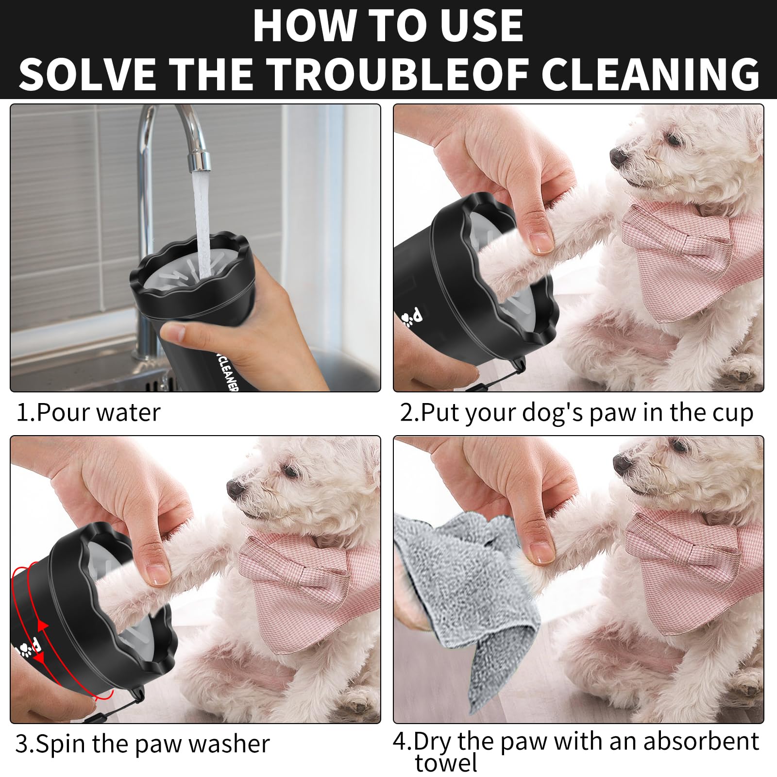 Dog Paw Cleaner For Dogs, (With 3Pcs Absorbent Towels & Adjustable Bath Brush) Dog Paw Washer, Pet Foot Cleaner (Black, Small)