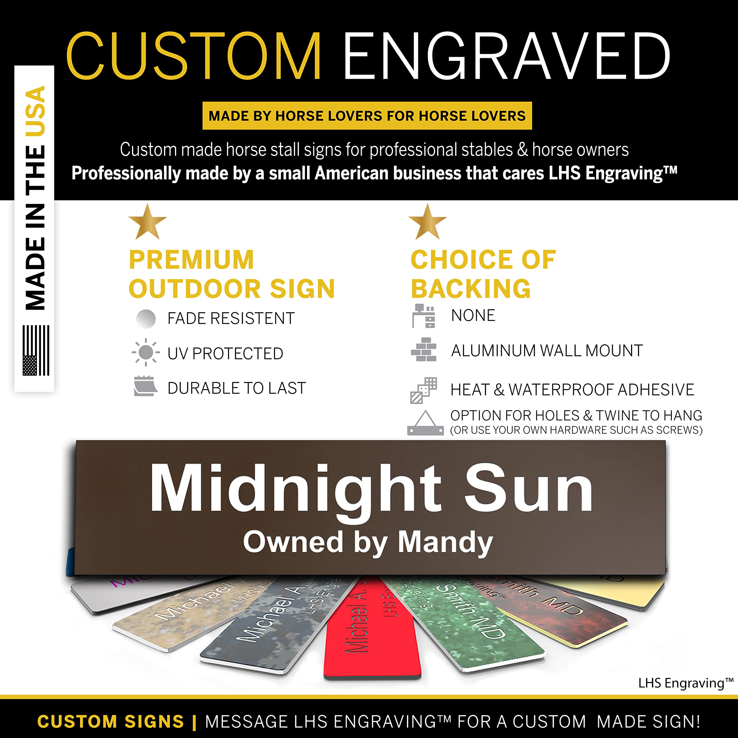 Lhs | Personalized Horse Stall Name Plates, 2X12 Horse Stall Signs With Adhesive, All Weather Uv Protected, Brown Plastic White