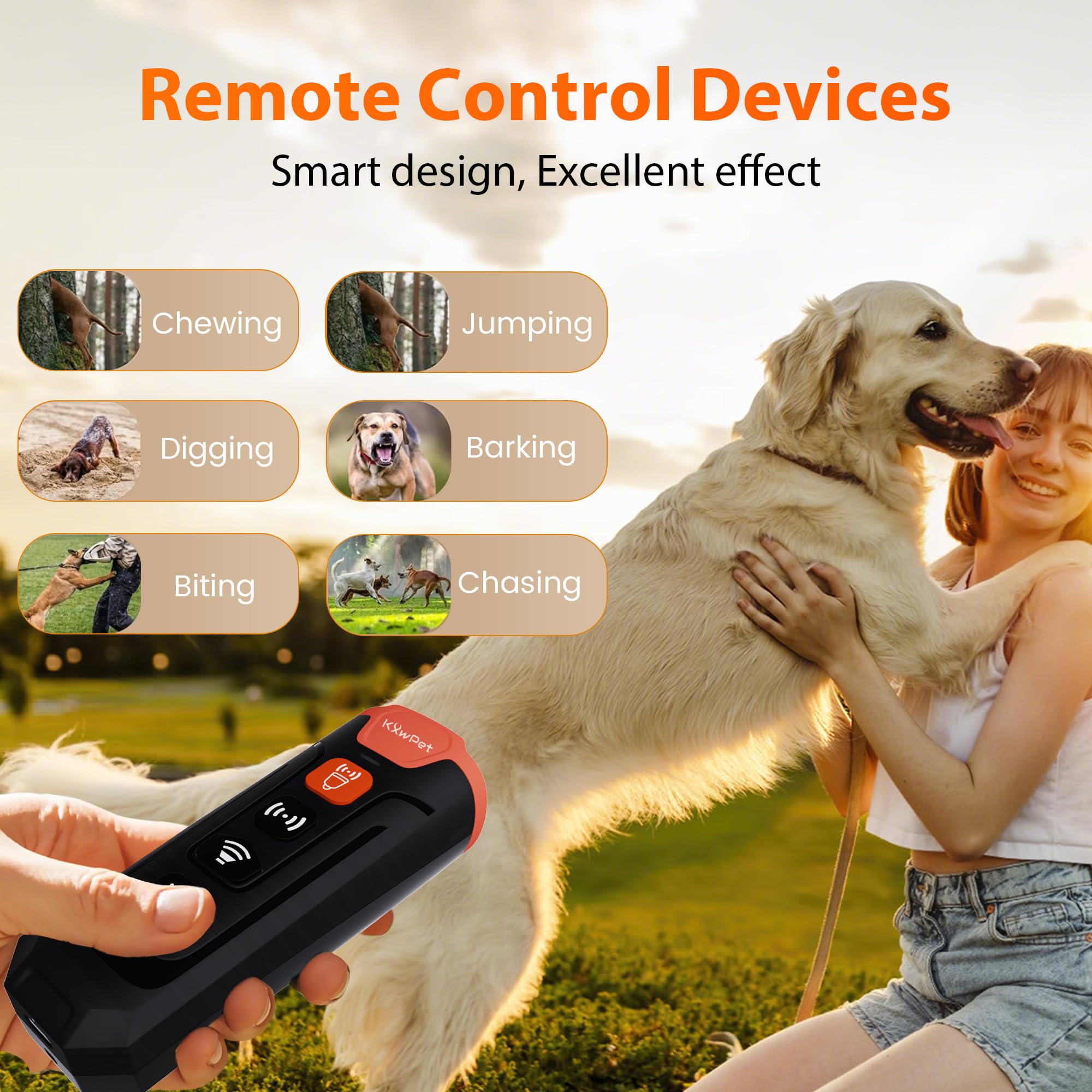 Kxwpet Ultrasonic Dog Bark Deterrent Device, 50 Ft Range, Led Flashlight, 3 Heads, Correct Dogs Bad Behaviors Without Harm, Alte