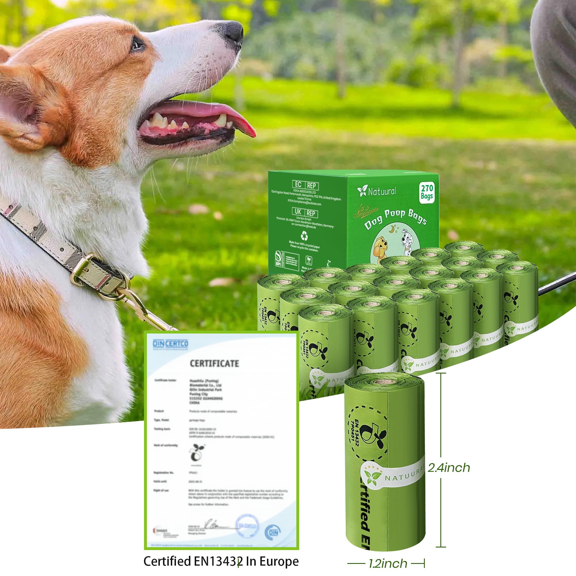 Biodegradable Dog Poop Bags-270Bags 18Rolls, Poop Bags For Dogs Made Of Cornstarch, Certified Astm D6400 By Usa, Unscented, Suitable For Large |Small Dogs (Green)