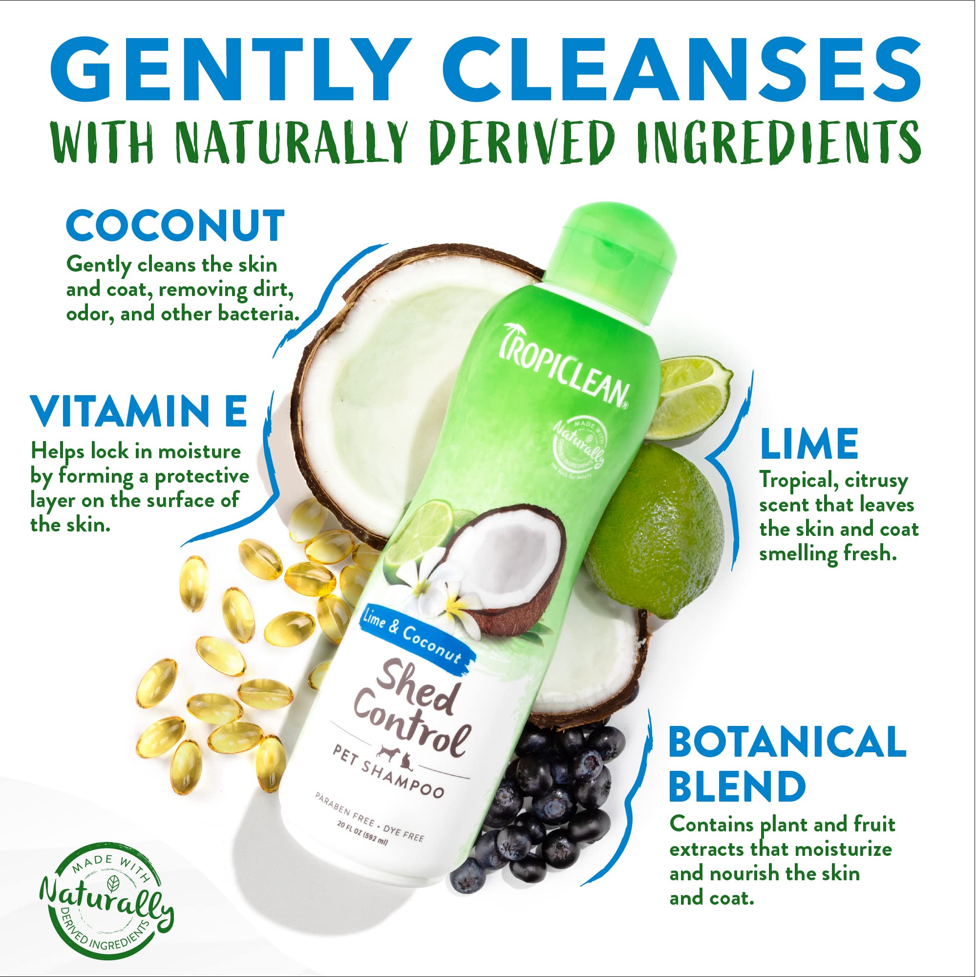 Tropiclean Deshedding Dog Shampoo, Fast-Acting Shedding Control & Coat Softener, Puppy Safe, Made In Usa, Lime & Coconut Scent, Cat Friendly, 20Oz.