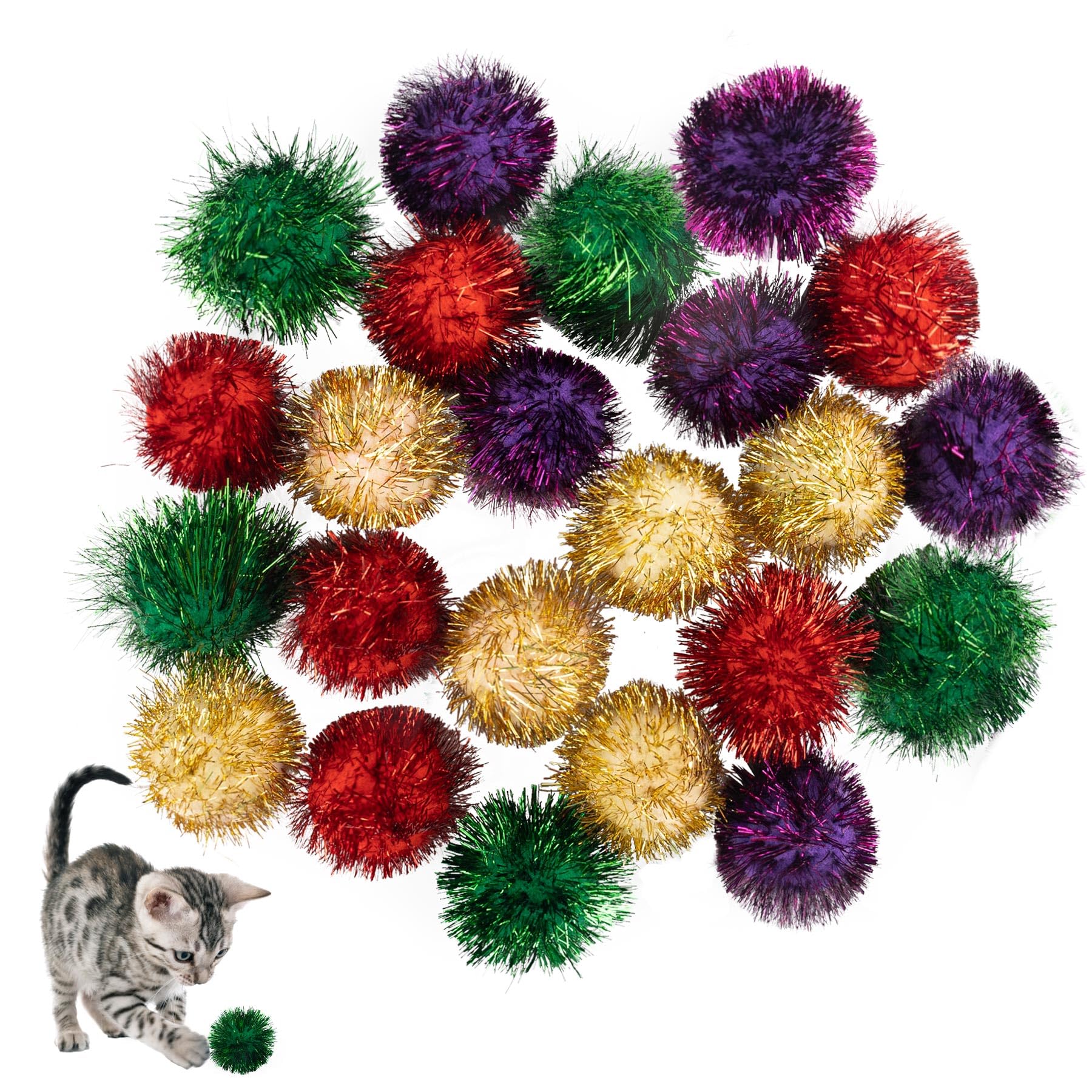 AUEAR, 24 Pack Assorted Color 2 Inch Flash Sparkle Cat Balls Shiny Tinsel Pom Poms Interactive Fuzzy for Kittens (4 Colors)