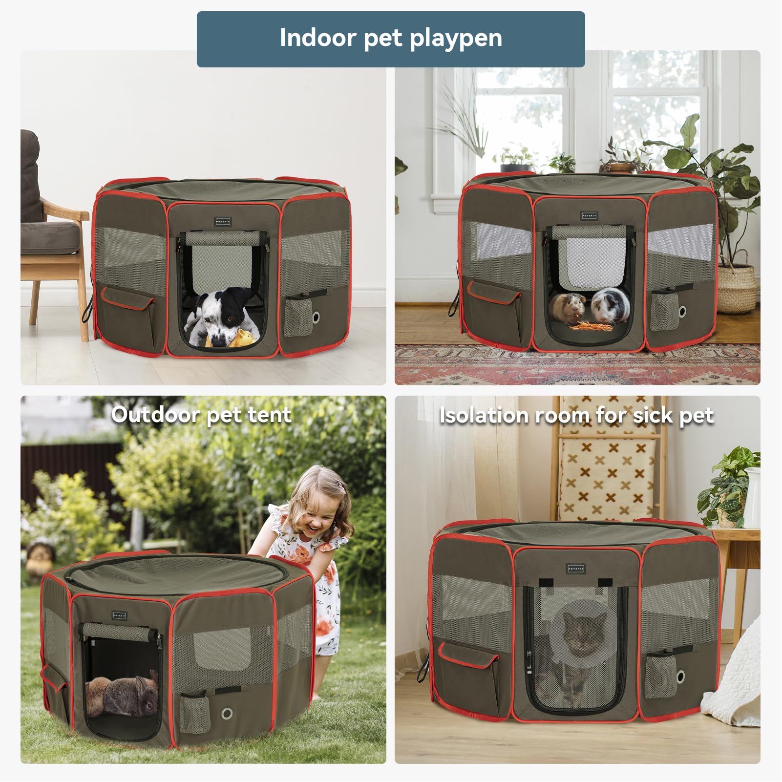 Petsfit Portable Dog Playpen, 36" Indoor/Outdoor, Grey-Brown, Removable Zipper Top, Medium, Model DCC1058B