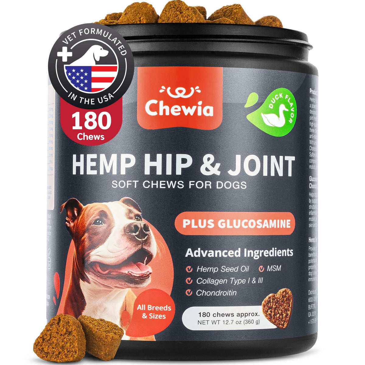 Chewia Glucosamine For Dogs - Hemp Hip And Joint Supplement For Dogs - Glucosamine Chondroitin Chews With Msm, Turmeric, Collage