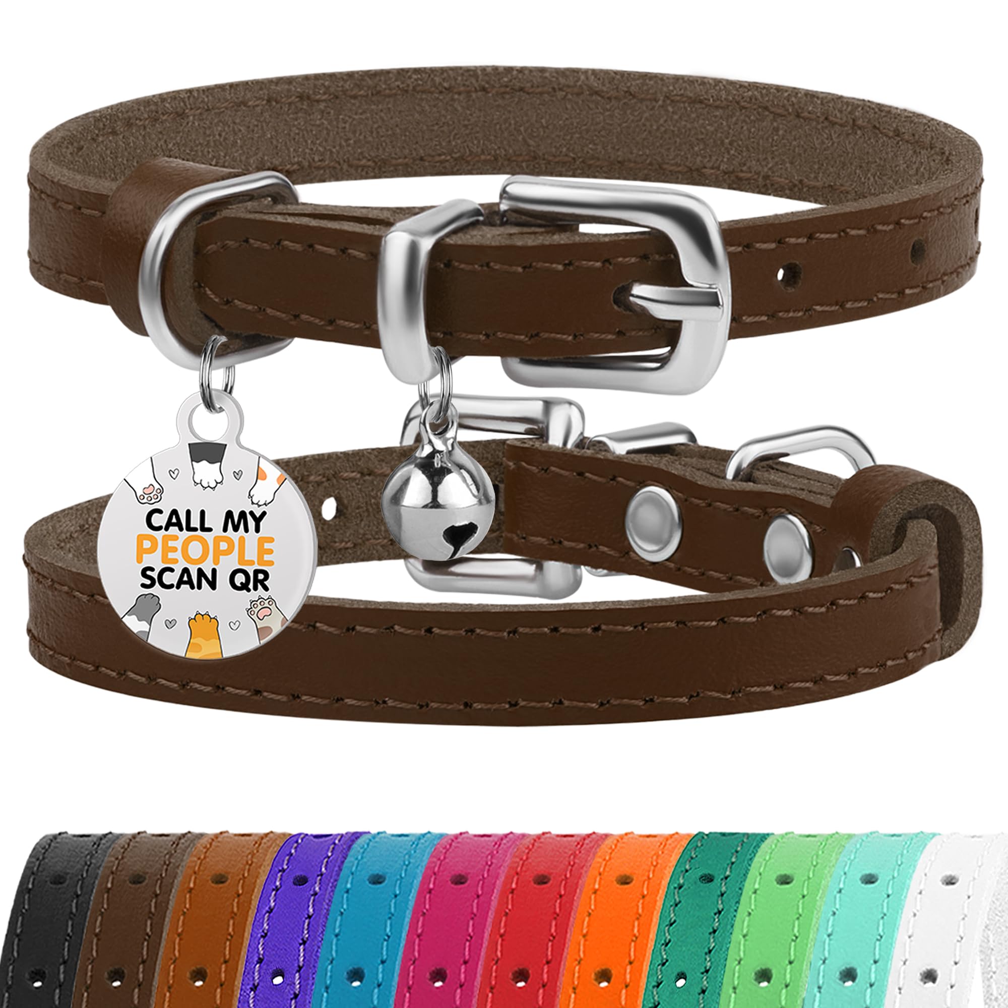Bronzedog Leather Cat Collar With Removable Bells Non Breakaway Kitten Qr Tag For Girl Boy (9' - 12' Cats/Mini Dogs, Brown & Silver)