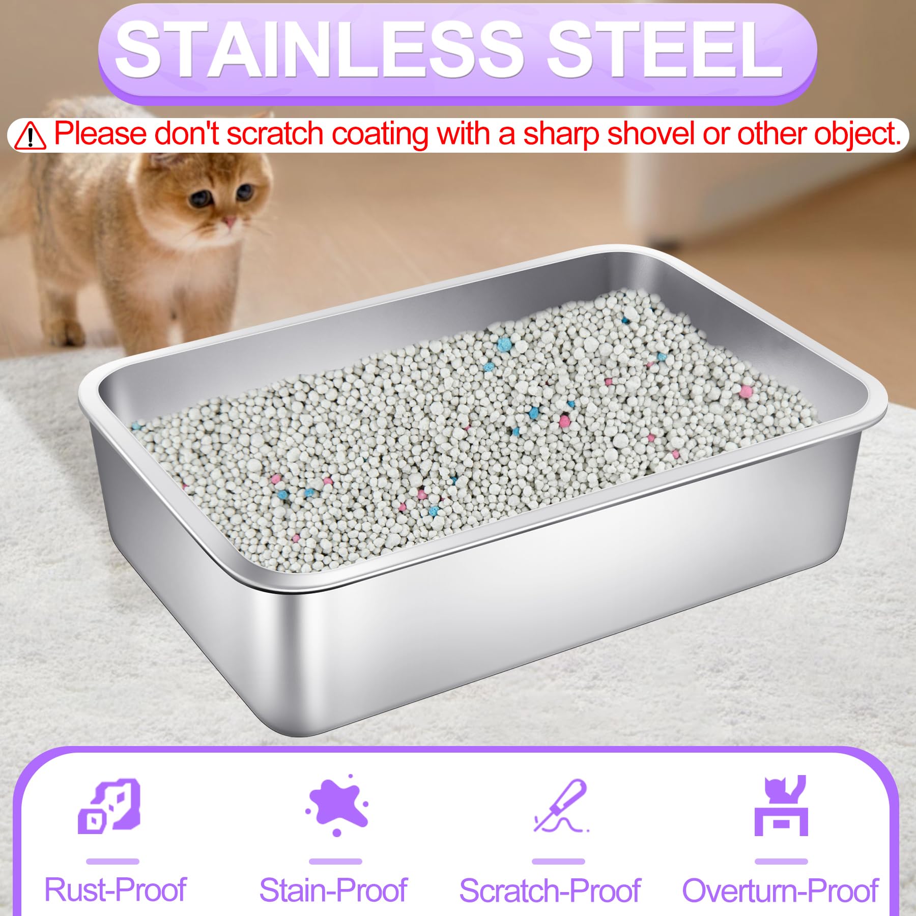 Phepetroll 3 Pack Stainless Steel Cat Litter Boxes 23.6''L X 15.7''W X 7.9''H Extra Large Metal Litter Boxes With High Sides Stu
