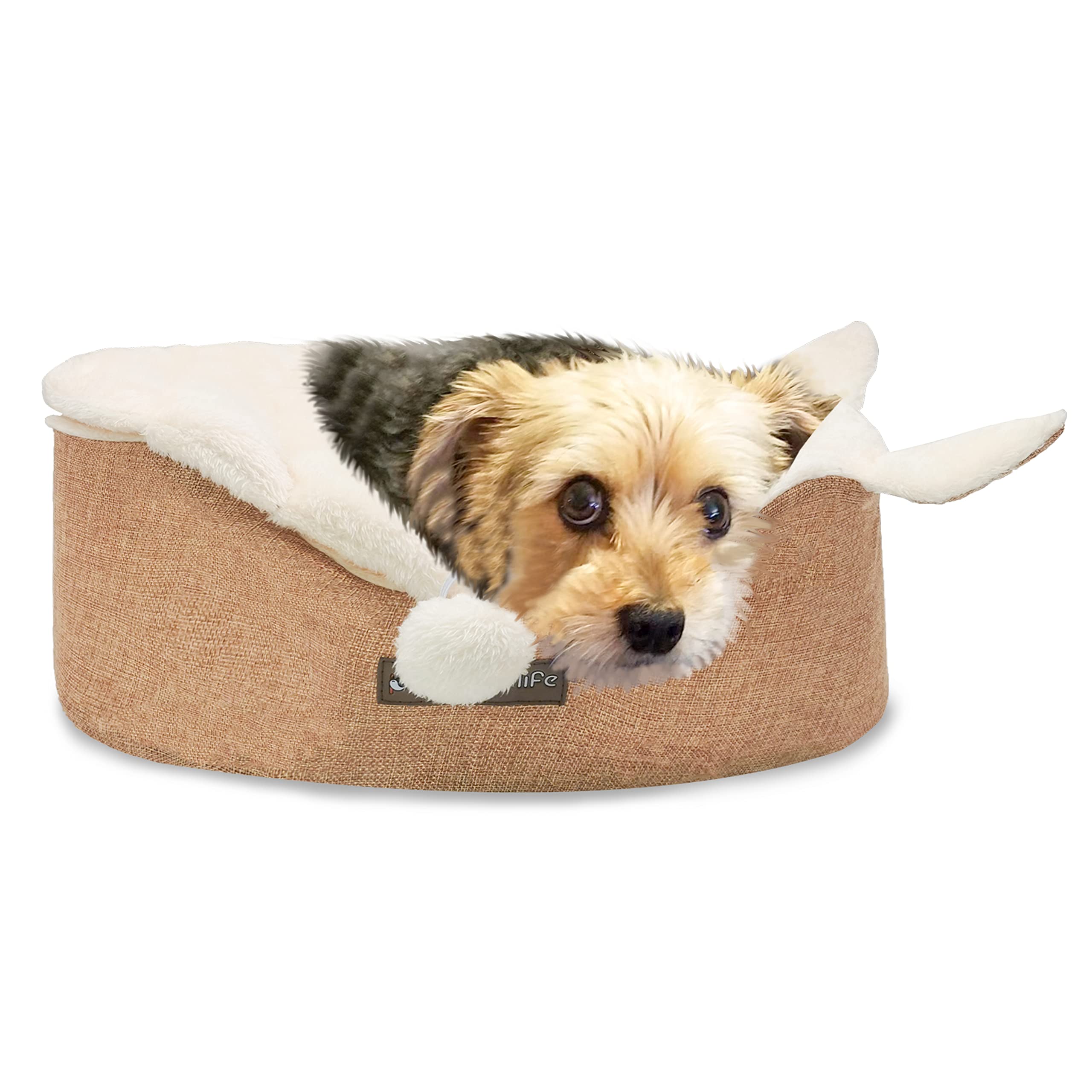 Purrrfect Life Oval Pet Beds For Cats And Small Dogs, Snuggery Pet Bed With Attached Blanket, Hooded Bolster Bed, Ultra Soft Short Plush, Washable High Resilience Pp Cotton, And More (Small, Brown)