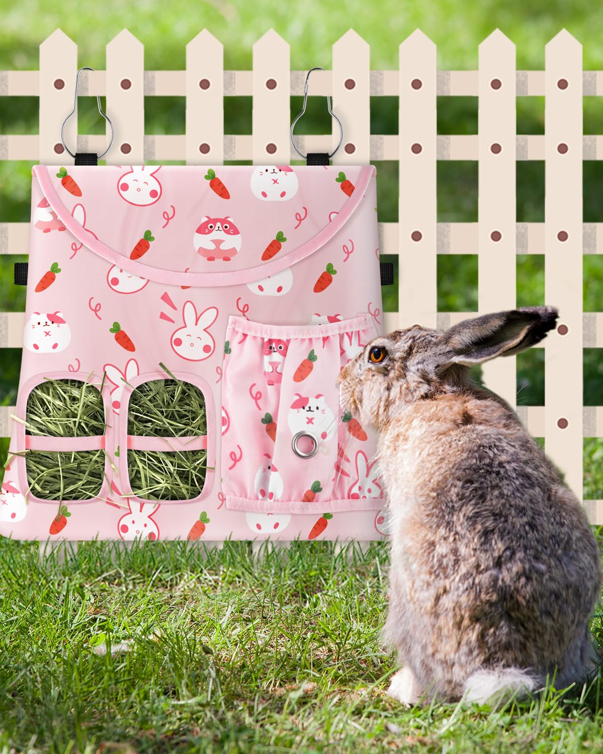 Bissap Rabbit Hay Feeder Bag, 2 Holes Hanging Hay Feeder Guinea Pig Hay Bag With Side Pocket For Rabbits Bunny Chinchillas Hamst