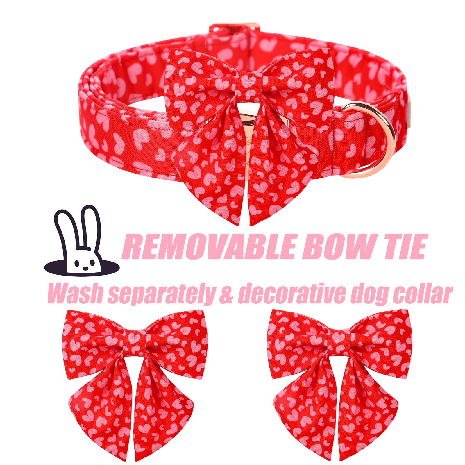 Babole Pet Valentines Dog Collar With Tie, Pink Red Love Male Dog Collar With Safety Metal Buckle Adjustable Puppy Collars For S